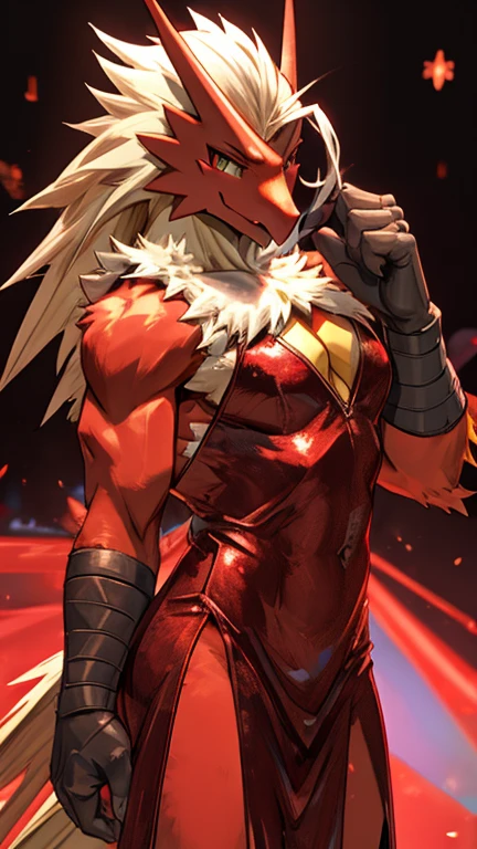 Blaziken, bombshell pose, dressed as a rockstar, smiling warmly, lithe body,
