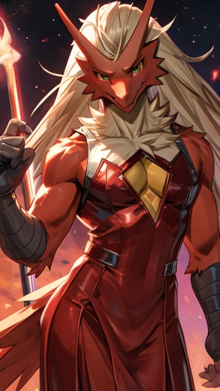 Blaziken, bombshell pose, dressed as a rockstar, smiling warmly, lithe body,