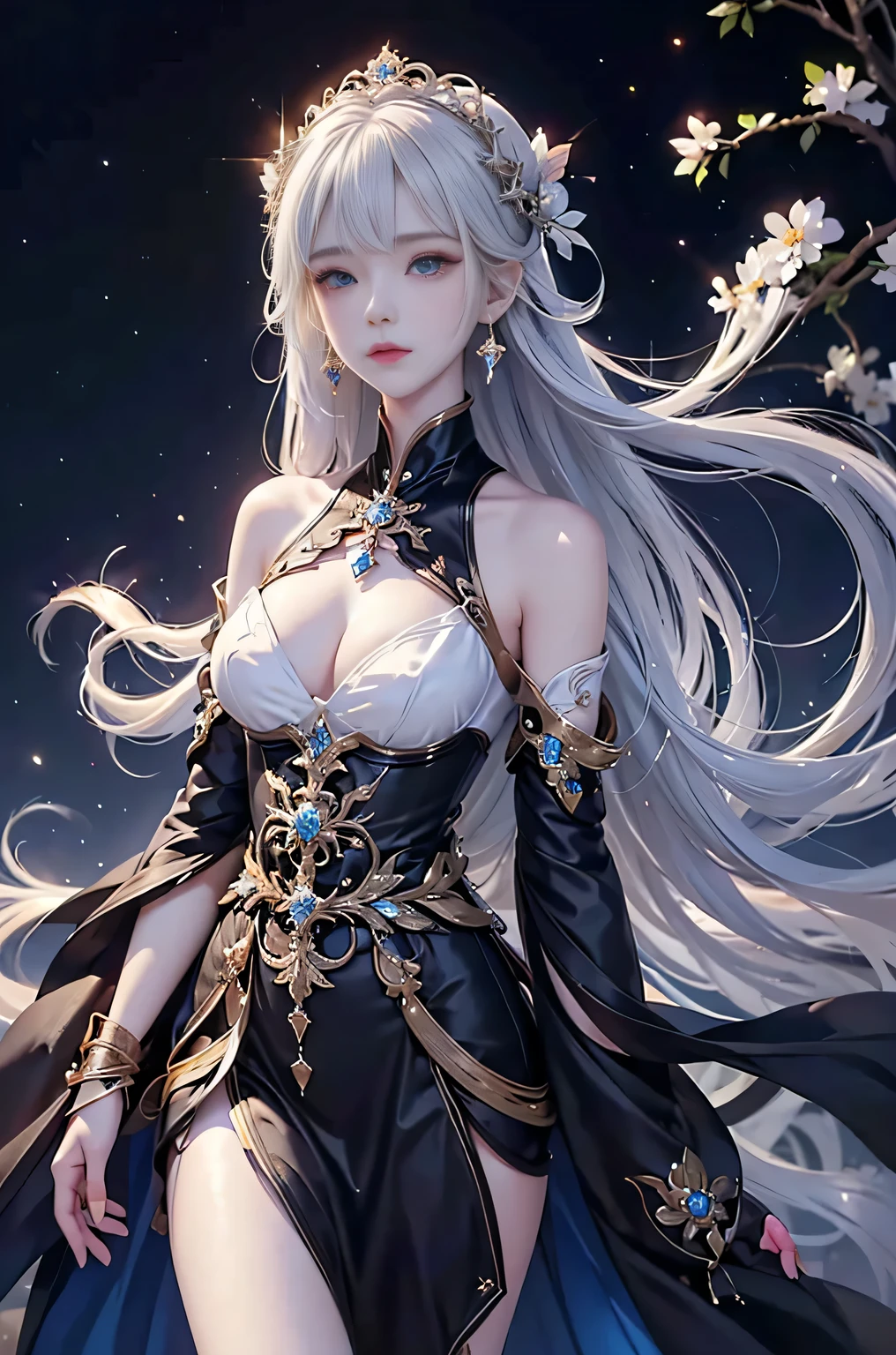 Night view,star,(White Haired Girl:1.5),((masterpiece))、(detailed:1.4)、(Backlight)(A fantastic atmosphere、Ancient capital、Amazing beauty images,((1girl))、white dust、Light and dance-like、Suspended particles), (Black Dress、Long dress with sleeves、Exposing shoulders、Off the shoulder)、(Gray hair that changes with light、length, Lustrous white hair、WHITE hair fluttering in the wind、Beautiful Bangs:1.3)、(Beautiful white and shining skin、Cheek gloss highlighter、Sexy and very beautiful and adorable face、The most beautiful face in the world、big, Sparkling blue eyes)、(Cute 25 year old girl、small beautiful breasts、Great cleavage、Delicate shoulders、Perfect figure)Above the chest image