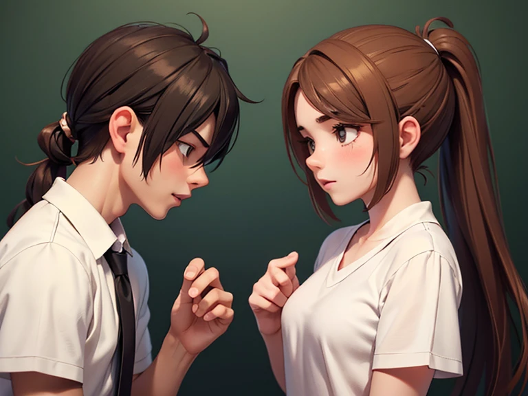 Two characters in a scene boy and girl (absolutely identical twins brother and sister), The first character is a handsome effeminate gay boy with beautiful girlish features, with semi-long brown hair tied in a ponytail, white linen women's t-shirt, Brown eyes, and the second character is a feminist girl with aesthetic small breasts with beautiful erect nipples, with very tousled shaggy semi-long brown hair, hair between the eyes, Brown eyes, beautiful face, an athlete with well-developed proportional muscles, dressed in a white silk almost transparent sports men's T-shirt on a completely naked body(absolutely no underwear), talk to each other, different emotions, free pose, free interaction with each other, White background, стиль мультфильма Disney Pixar