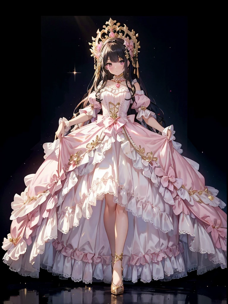 ((Pink Dress)), Ultra-realistic photo of a girl in a majestic light pink and gold ball gown dress, Big beautiful dress, Complex puffy ball gown with lots of frills and rhinestones (Best Quality, masutepiece, art  stations, Fantasy Art:1.2), Palace rooms, Beautiful cute girl, (Long Black Hair:1.1), (Complex short gold skirt, Bare legs:1.2, Full body shot)