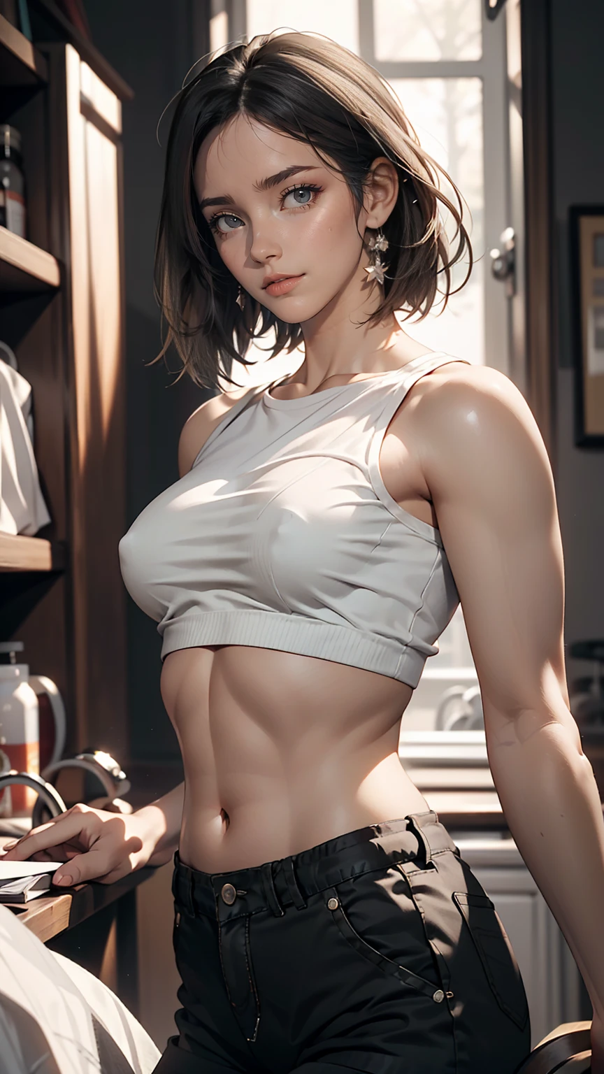 ((Realistic Face, Fascinating, Mature, White eyes)), (Grey crop top, Black underwear, Short clothes), (Long black hair), (20 years), (1 girl), (4K Style))