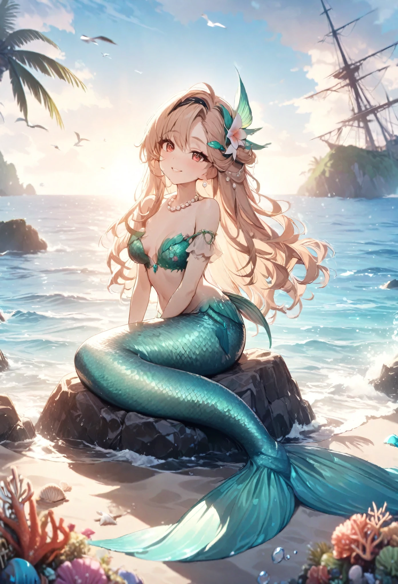 (best quality,4k,8k,highres,masterpiece:1.2),ultra-detailed,teenage girl gets magically transformed into a cute mermaid, fantasy transformation,red-eyed,beautiful detailed eyes,very long spiky ginger hair,happiness,cute mermaid, long and detailed mermaid tail with shimmering green scales, seashell bra,pair of fish gills on her torso, red and black ribbon headband, starfish hair clips, pearl hair ornaments, pearl earrings and bracelets, pearl necklace, eye-catching accessories,beautifully detailed lips, sitting on a rock, sandy beach, new beautiful body,she’s smiling,embracing her new life has a mermaid, brushing her hair, ocean waves,sparkling water,coconut trees,seagulls,coral reef,vibrant colors,magical glow,shimmering scales,sea breeze,warm sunlight,joyful expression,island paradise,lush tropical plants,dynamic composition,soft and smooth lines,expressive facial features,gentle water reflections,serene atmosphere, Highly detailed, masterpiece, high quality, 4K