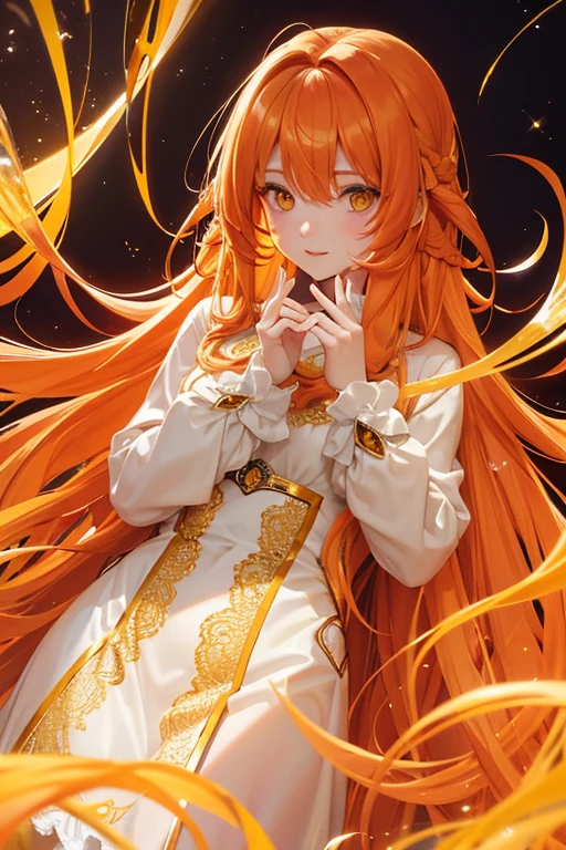 Fluffy long hair Orange Hair Yellow Eyes Sparkling Kind Face Drooping eyes human Fantasy Lace clothes Long sleeve