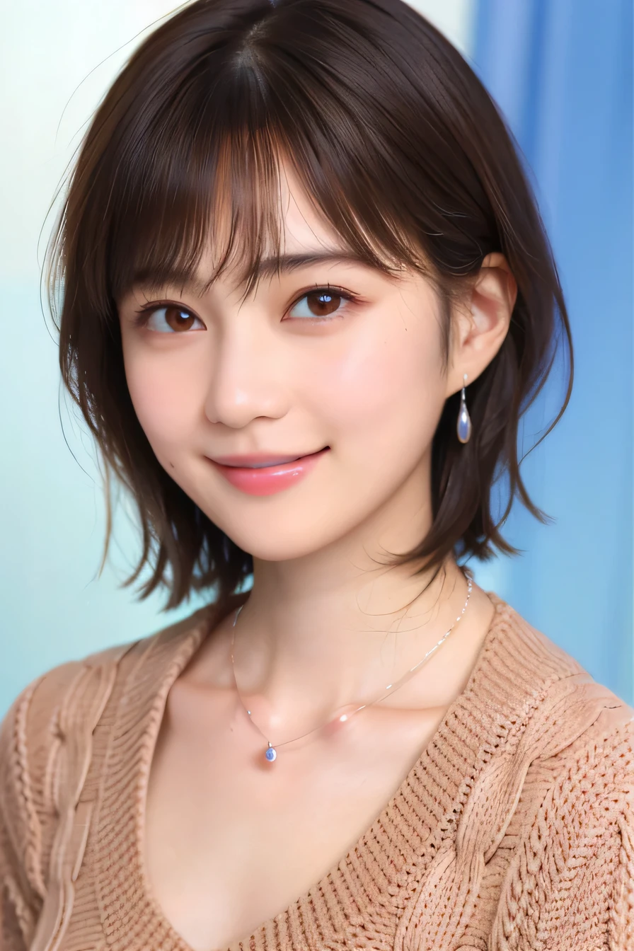205 ((short hair)), 20-year-old female, Surrealism, smile、Beautiful teeth alignment、Brown Hair、Ear piercing、Necklace around the neck、