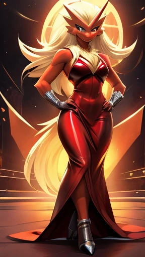 Blaziken, bombshell pose, dressed as a rockstar,  smiling warmly, lithe body,