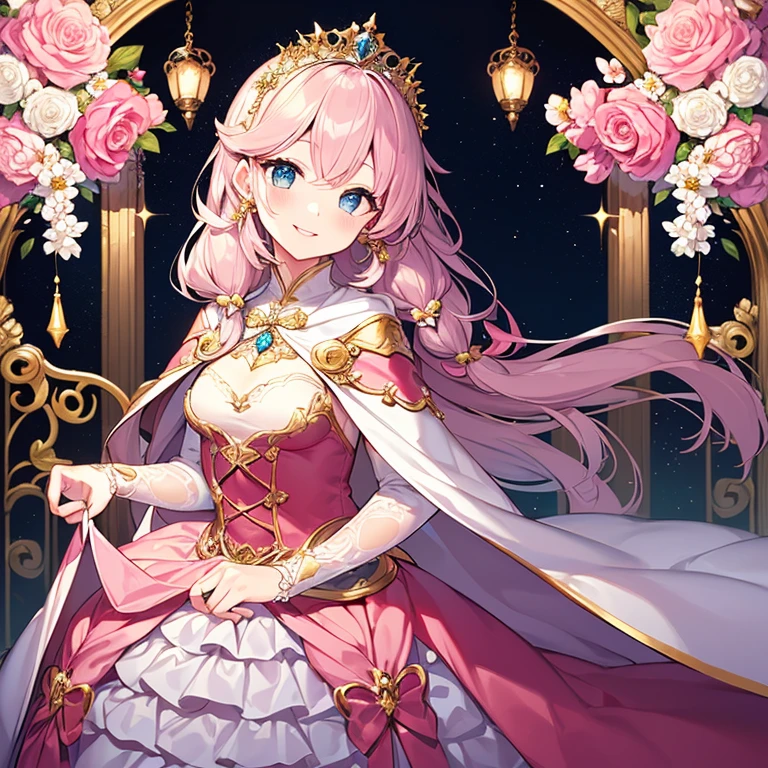 (kawaii),(best quality),(ultra detailed),(rococo style),(long train pastel pink cape:1.15), very long cape,(long train white ball gown with flower decorations:1.1), a girl is wearing a cape over her gown, 1 little princess, tiara, smile, very long hair, small breasts, beautiful detailed eyes, beautiful detailed lips, looking at viewer