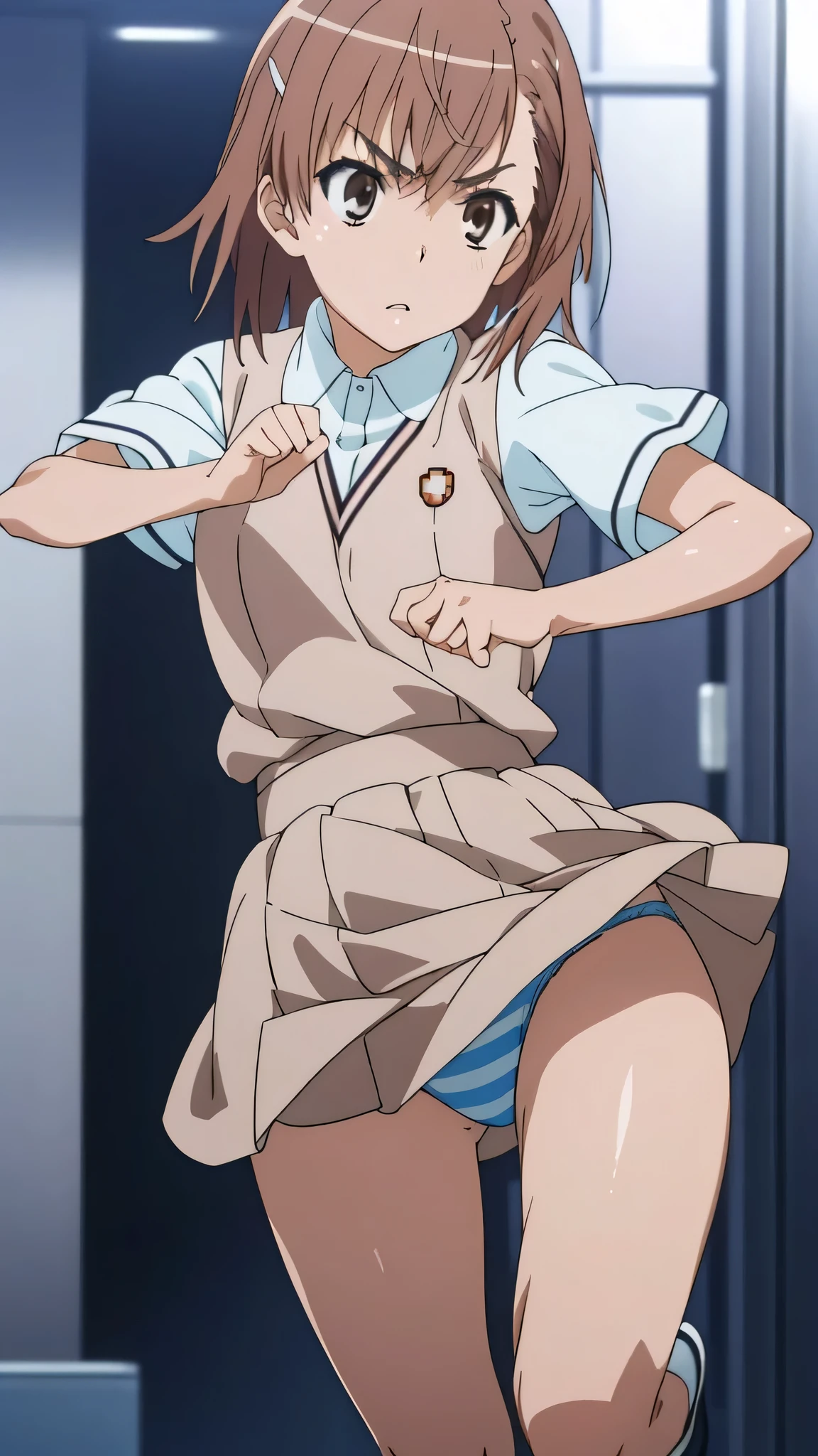 Misaka Mikoto ,Clear images、Brown Hair、Asymmetrical Belly Shorthair、hairpin、Tokiwadai  High School short sleeve uniform、School,blue striped panties,angry,lift skirt,panty shot,
break masterpiece ,8k unity wallpaper,anime key visual,highest quality, High resolution,  (shape:0.8),anime coloring,highly detailed face, detailed eyes,growing eyes,shiny skin,fine skin,white skin,dense skin,detailed hair,highly detailed legs,perfect lighting, Detailed CG, (perfect hands, perfect anatomy),High resolution,(Detailed wear ),slender limbs, delicate curves, dainty hands,figure:0.8,