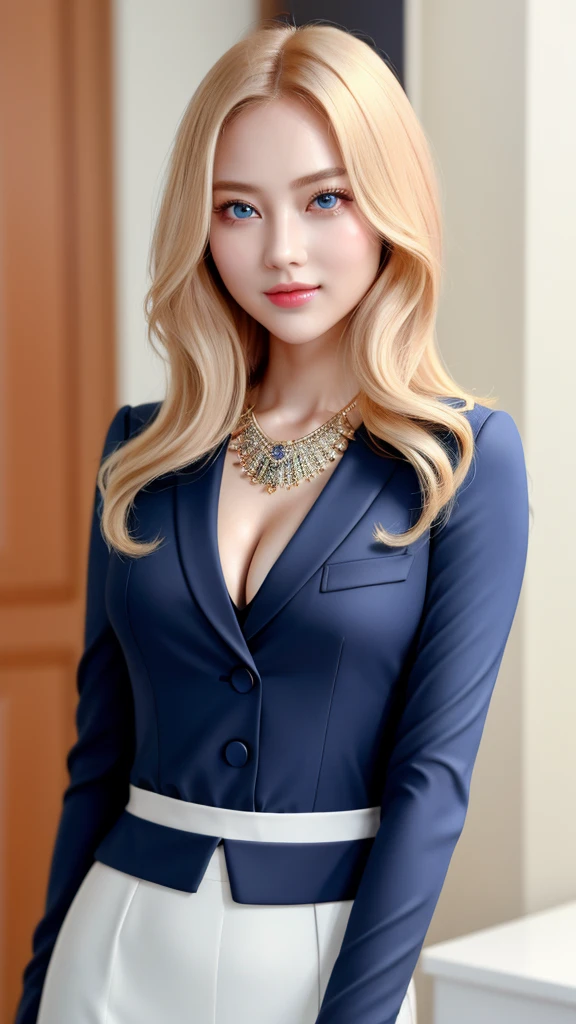 ((highest quality)), ((masterpiece)), (detailed), Single-lens reflex camera、Reality、whole body、wallpaper、Attention to detail、Attention to detail、Serious look、Well-proportioned face、Ultra-high resolution、Ultra HD、Perfect proportions、Tight waist、Blonde Hair、Blue Eyes、Beautiful Hair、Beautiful Skin、Beautiful white skin、Glossy pink lips、russian actresasterpiece:1.3), Best image quality: 1.3, Rough hairstyles、Cleavage:1.2、Adult sex appeal,Actively moving、Stylish clothes、Beautiful necklace