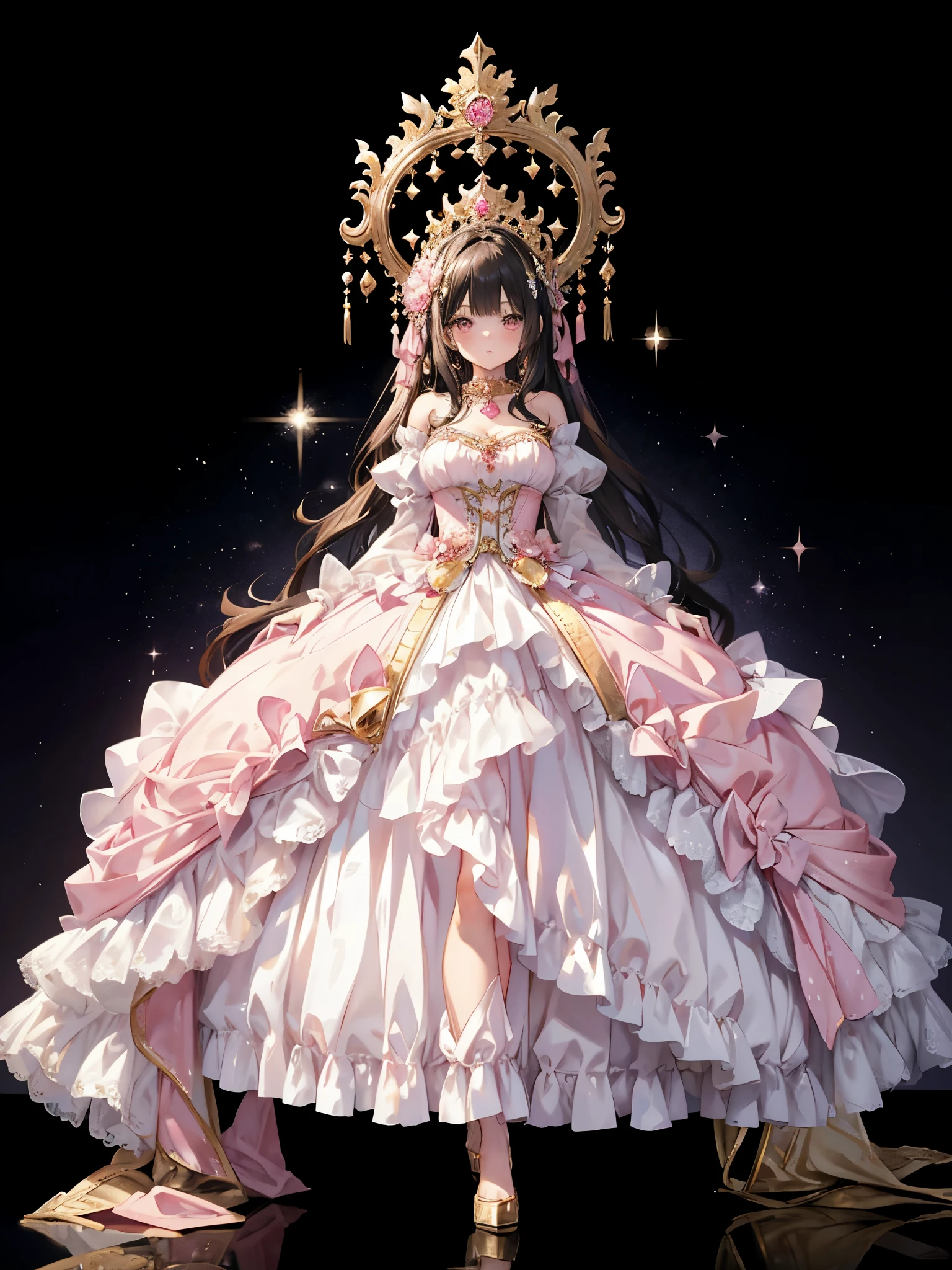 ((Pink Dress)), Ultra-realistic photo of a girl in a majestic light pink and gold ball gown dress, Big beautiful dress, Complex puffy ball gown with lots of frills and rhinestones (Best Quality, masutepiece, art  stations, Fantasy Art:1.2), Palace rooms, Beautiful cute girl, (Long Black Hair:1.1), (Complex short gold skirt, Bare legs:1.2, Full body shot)