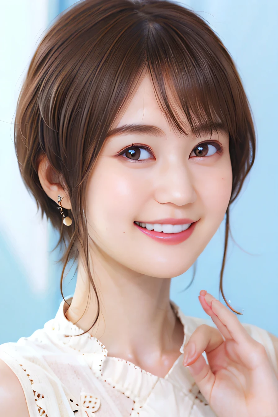 205 ((short hair)), 20-year-old female, Surrealism, smile、Beautiful teeth alignment、Brown Hair、Ear piercing、Necklace around the neck、