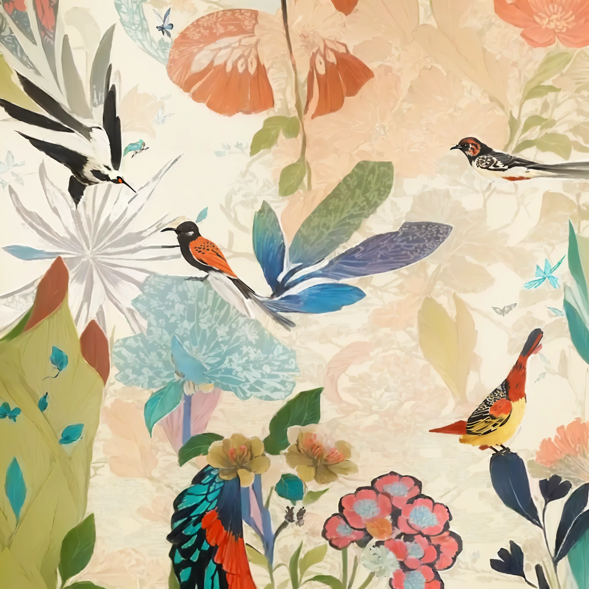 There are many birds flying around in the sky, Birds and butterflies, Britney Lee, Chinese style pattern, butterflies and birds, flora and fauna, Mysterious Birds, tropical birds, author：Paul Davis, Inspired by Yukimura Ohara, colorful birds, Insects and Birds, Inspired by Fernand Verhagen, chinoiserie wallpaper