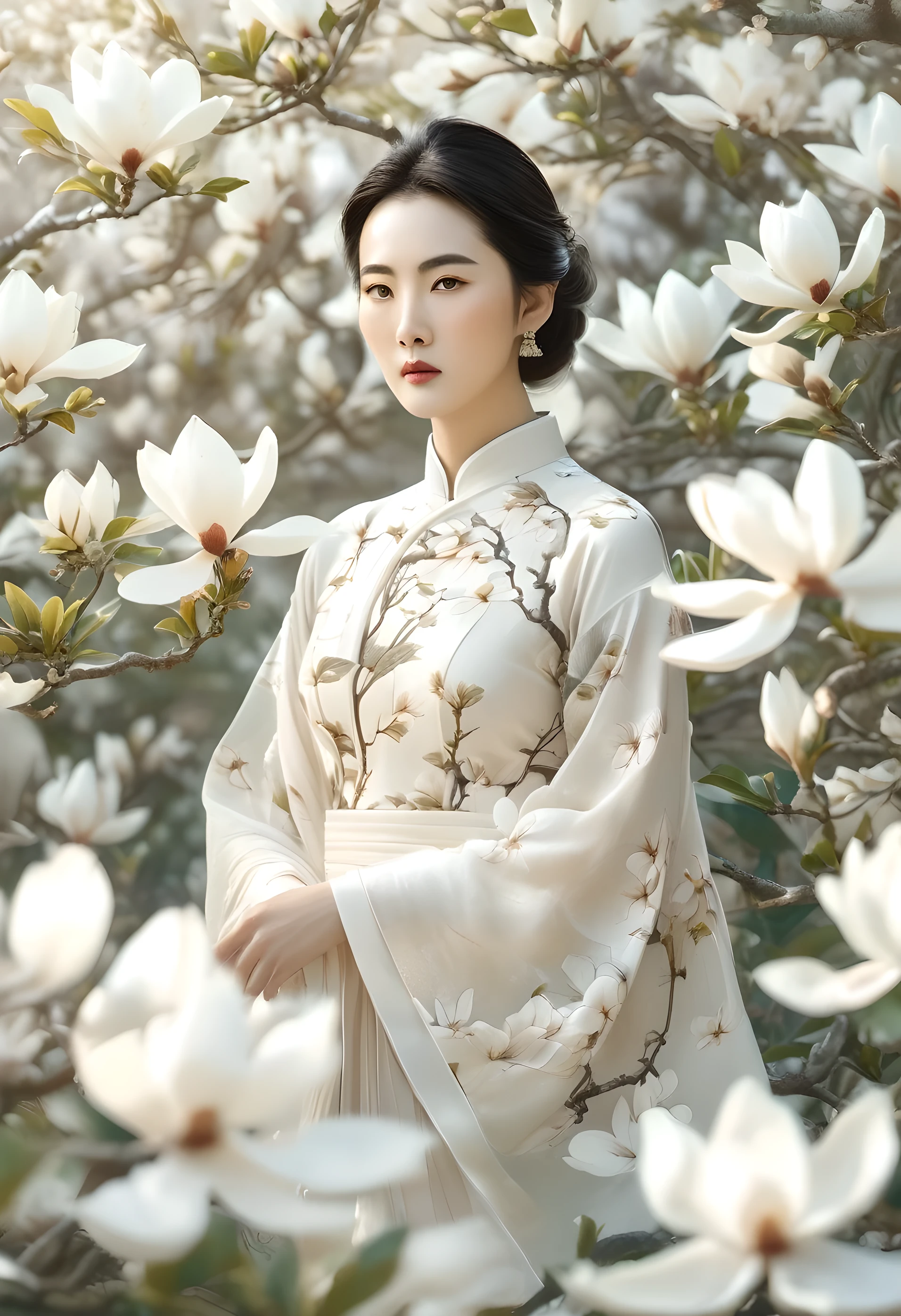 a beautiful classical woman standing in a white magnolia flower field, detailed traditional chinese painting, serene, (best quality,4k,8k,highres,masterpiece:1.2),ultra-detailed,(realistic,photorealistic,photo-realistic:1.37),delicate facial features,beautiful eyes,elegant pose,flowing dress,soft lighting,muted colors,natural setting,ethereal atmosphere