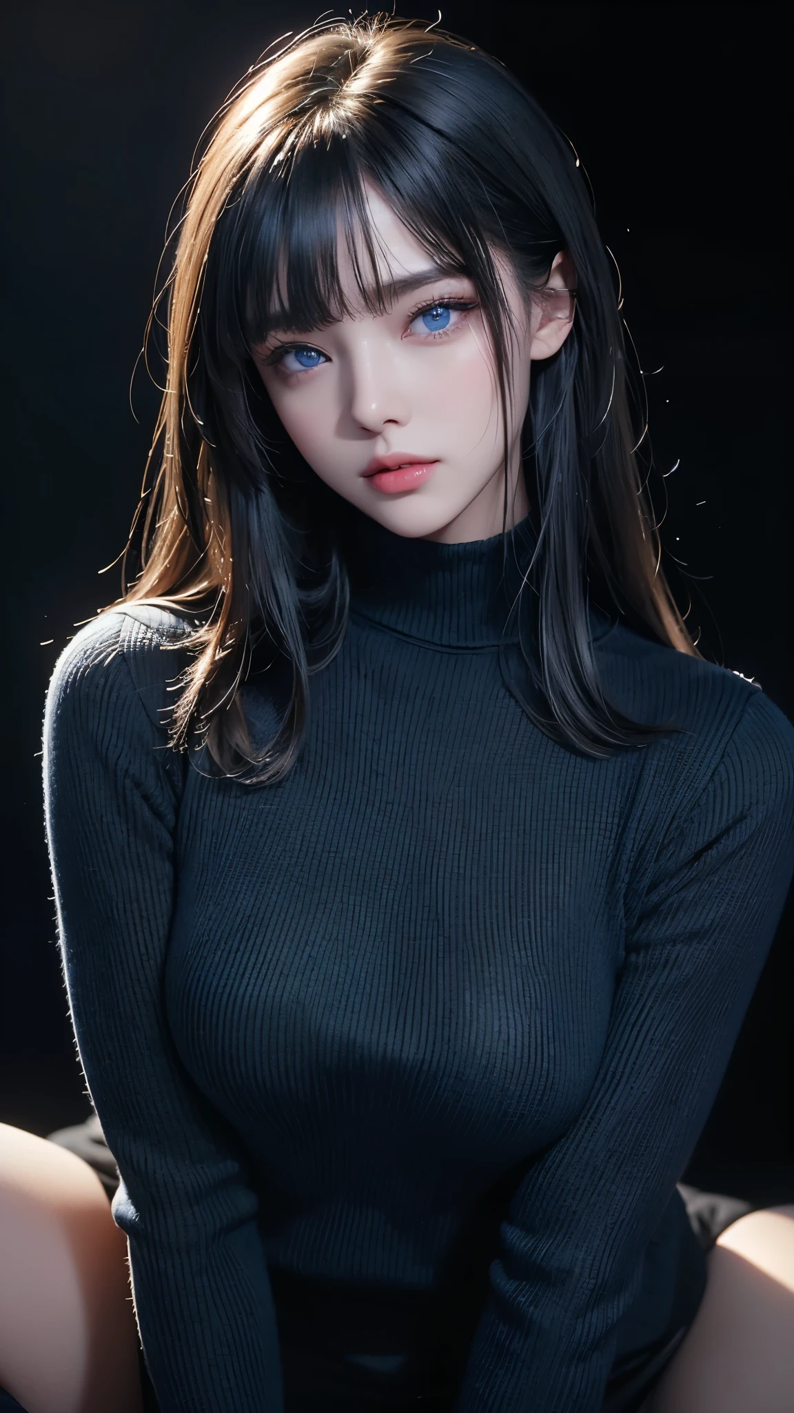 masterpiece, highest quality, Super detailed, Facing the camera, 複雑に詳細なSuper detailed, Realistic, Sharp features, Very detailed, Sharp focus, Perfect Face, Perfect Face, Perfect symmetrical perfect eyes, Perfect Plump Lips, Flexible female form, Cinematic, Film Light, Super detailed, hyper Realistic, masterpiece, Atmospheric, High resolution, Vibrant, Dynamic Studio Lighting, ((Dark Background)), The expression when enduring pleasure, Straight bangs, blue eyes,Black sweater, Cowboy Shot,turtleneck、first round、Sexually aroused expression