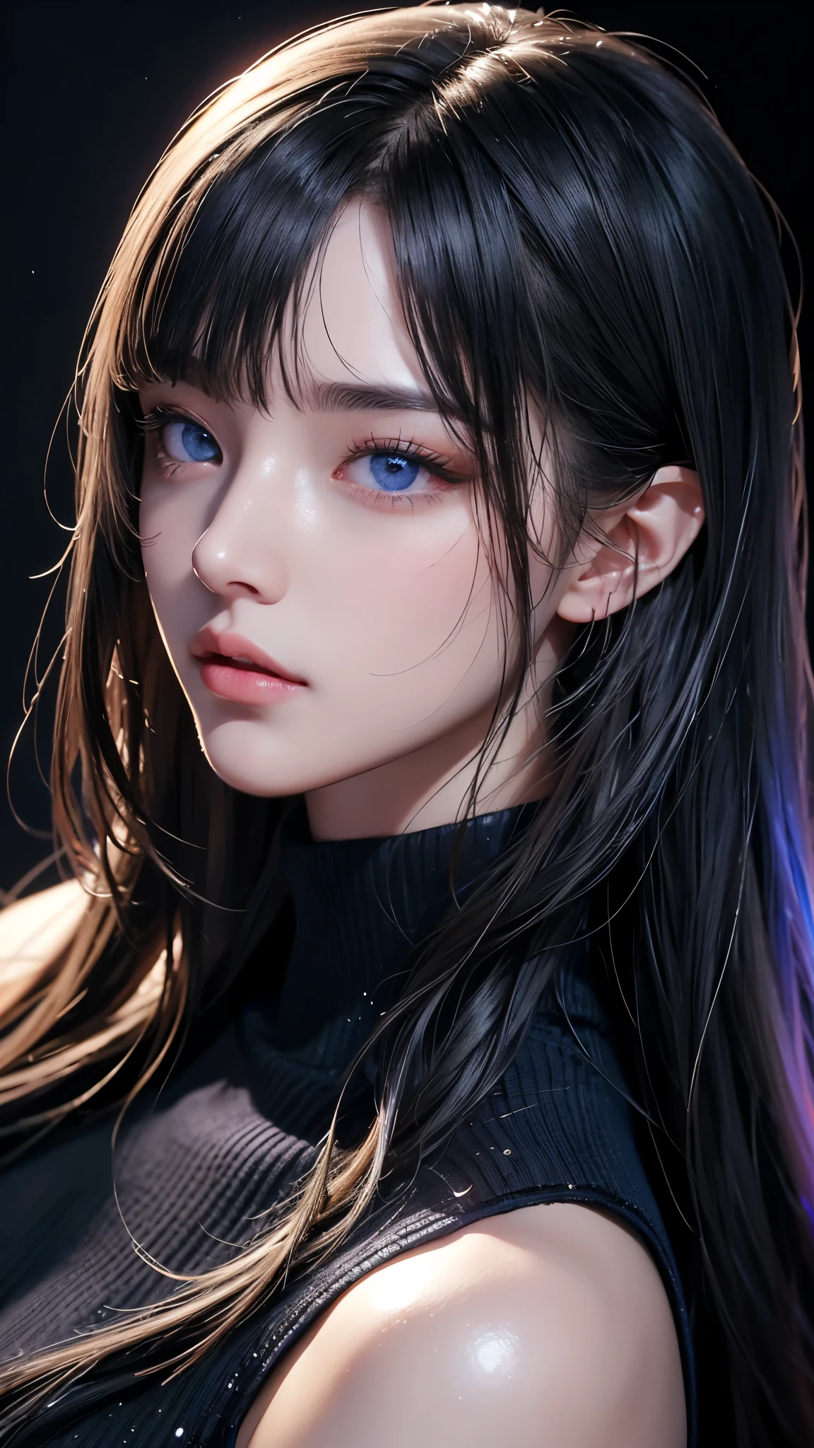 masterpiece, highest quality, Super detailed, Facing the camera, 複雑に詳細なSuper detailed, Realistic, Sharp features, Very detailed, Sharp focus, Perfect Face, Perfect Face, Perfect symmetrical perfect eyes, Perfect Plump Lips, Flexible female form, Cinematic, Film Light, Super detailed, hyper Realistic, masterpiece, Atmospheric, High resolution, Vibrant, Dynamic Studio Lighting, ((Dark Background)), The expression when enduring pleasure, Straight bangs, blue eyes,Black sweater, Cowboy Shot,turtleneck、first round、Sexually aroused expression