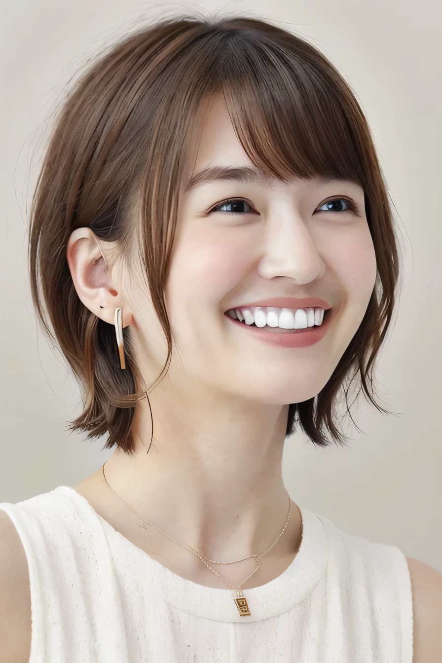 205 ((short hair)), 20-year-old female, Surrealism, smile、Beautiful teeth alignment、Brown Hair、Ear piercing、Necklace around the neck、