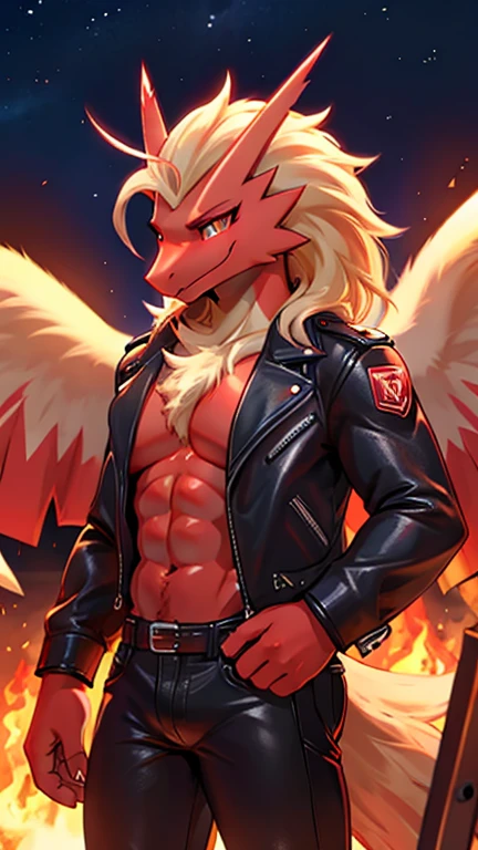Blaziken, bombshell, leather jacket, lithe body, smiling warmly.