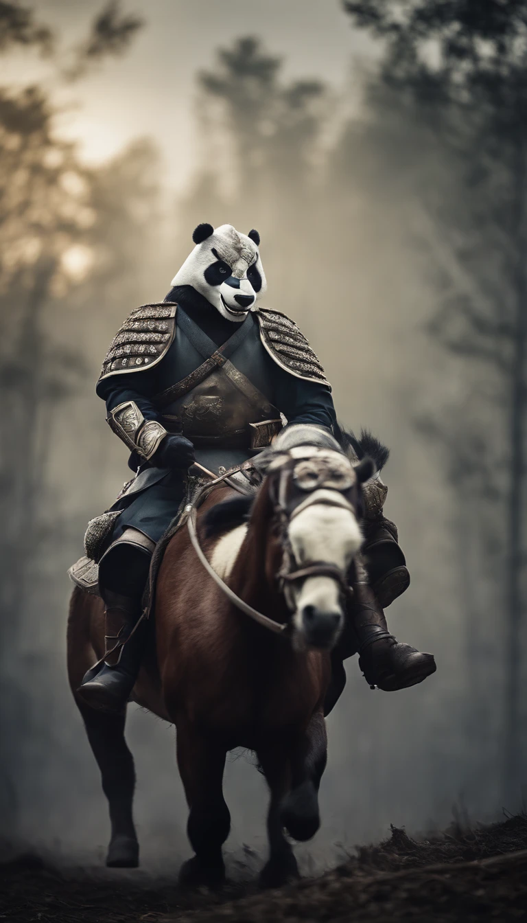 Humanoid panda soldier general riding a war horse,Heroic and fearless,fight
