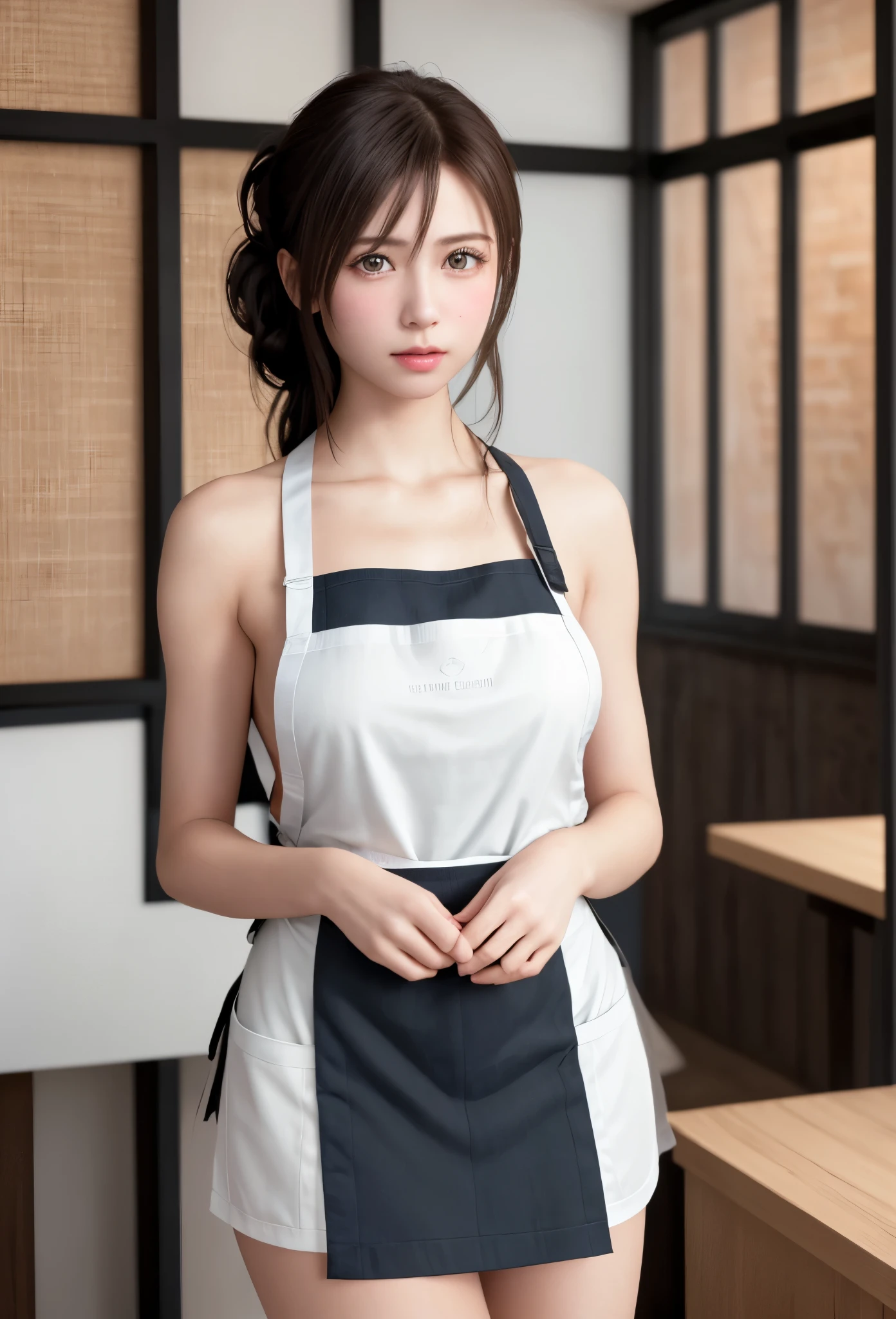 8K, of the highest quality, masutepiece:1.2), (Realistic, Photorealsitic:1.37), of the highest quality, masutepiece, Beautiful young woman, Pensive expression, Gentle eyes, Apron naked、full of shyness、Hair tied back, Messy mood, Cinematic background,  Light skin tone