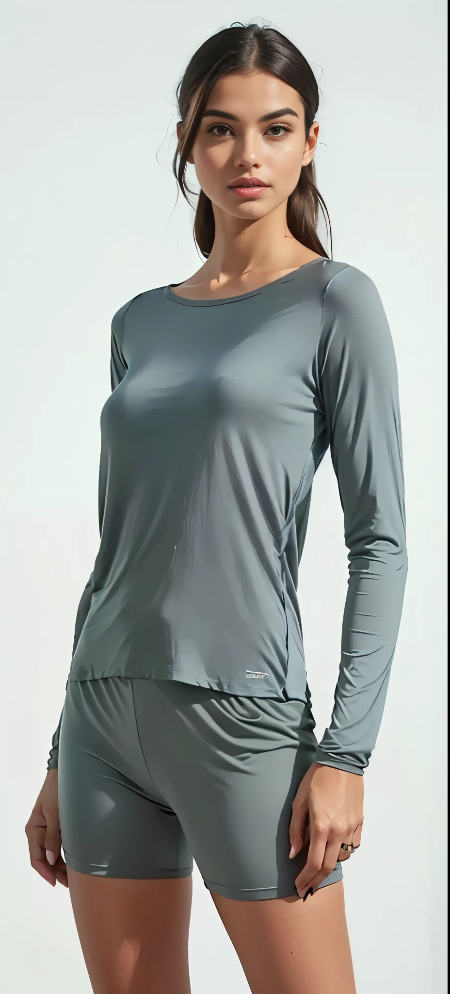 a woman in a cinza top and shorts smiles while posing for a picture, steel gray body, camisa cinza, Manga compridas, Manga comprida, roupas de caminhada, roupas esportivas, light cinza, solid gray, cinza clothes, camisa de malha, roupas esportivas, solid cinza, in gunmetal cinza, Roupas casuais modernas, dark cinza, light cinza mist, cinza, antracite