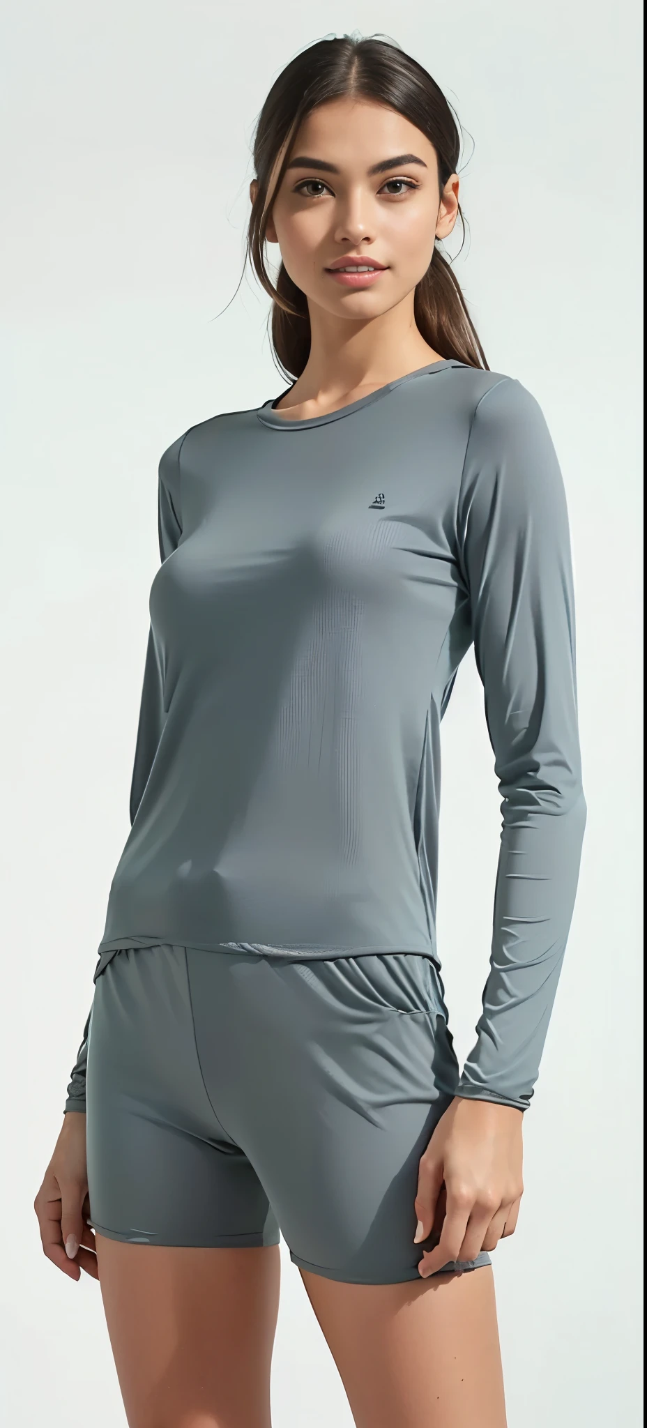 a woman in a cinza top and shorts smiles while posing for a picture, steel gray body, camisa cinza, Manga compridas, Manga comprida, roupas de caminhada, roupas esportivas, light cinza, solid gray, cinza clothes, camisa de malha, roupas esportivas, solid cinza, in gunmetal cinza, Roupas casuais modernas, dark cinza, light cinza mist, cinza, antracite