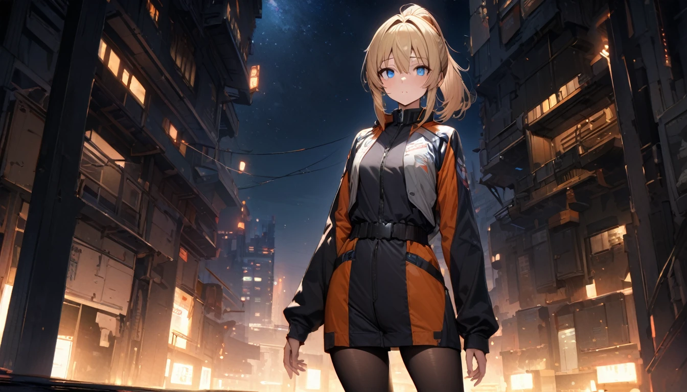 a handsome girl, 25 years old,
blond hair, medium hair, ponytail hair, blue eyes,
fighter costume, black tights,
standing,
no expression,
night sky,
masterpiece, best quality, ultra detailed,
detailed eyes, cute eyes