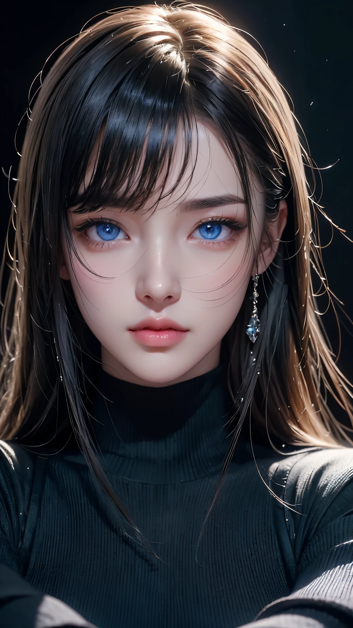 masterpiece, highest quality, Super detailed, Facing the camera, 複雑に詳細なSuper detailed, Realistic, Sharp features, Very detailed, Sharp focus, Perfect Face, Perfect Face, Perfect symmetrical perfect eyes, Perfect Plump Lips, Flexible female form, Cinematic, Film Light, Super detailed, hyper Realistic, masterpiece, Atmospheric, High resolution, Vibrant, Dynamic Studio Lighting, ((Dark Background)), The expression when enduring pleasure, Straight bangs, blue eyes,Black sweater, Cowboy Shot,turtleneck、first round、Sexually aroused expression
