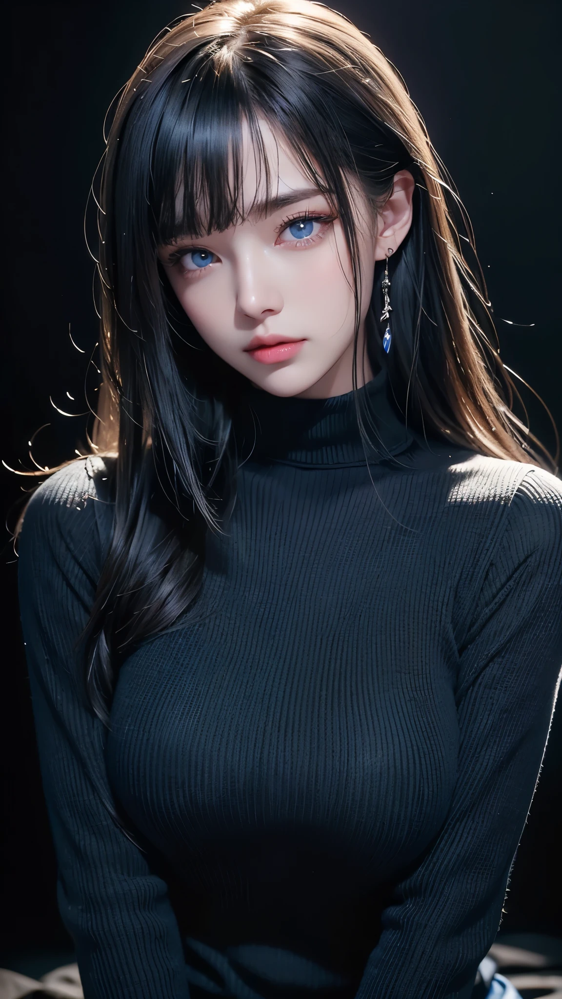 masterpiece, highest quality, Super detailed, Facing the camera, 複雑に詳細なSuper detailed, Realistic, Sharp features, Very detailed, Sharp focus, Perfect Face, Perfect Face, Perfect symmetrical perfect eyes, Perfect Plump Lips, Flexible female form, Cinematic, Film Light, Super detailed, hyper Realistic, masterpiece, Atmospheric, High resolution, Vibrant, Dynamic Studio Lighting, ((Dark Background)), The expression when enduring pleasure, Straight bangs, blue eyes,Black sweater, Cowboy Shot,turtleneck、first round、Sexually aroused expression