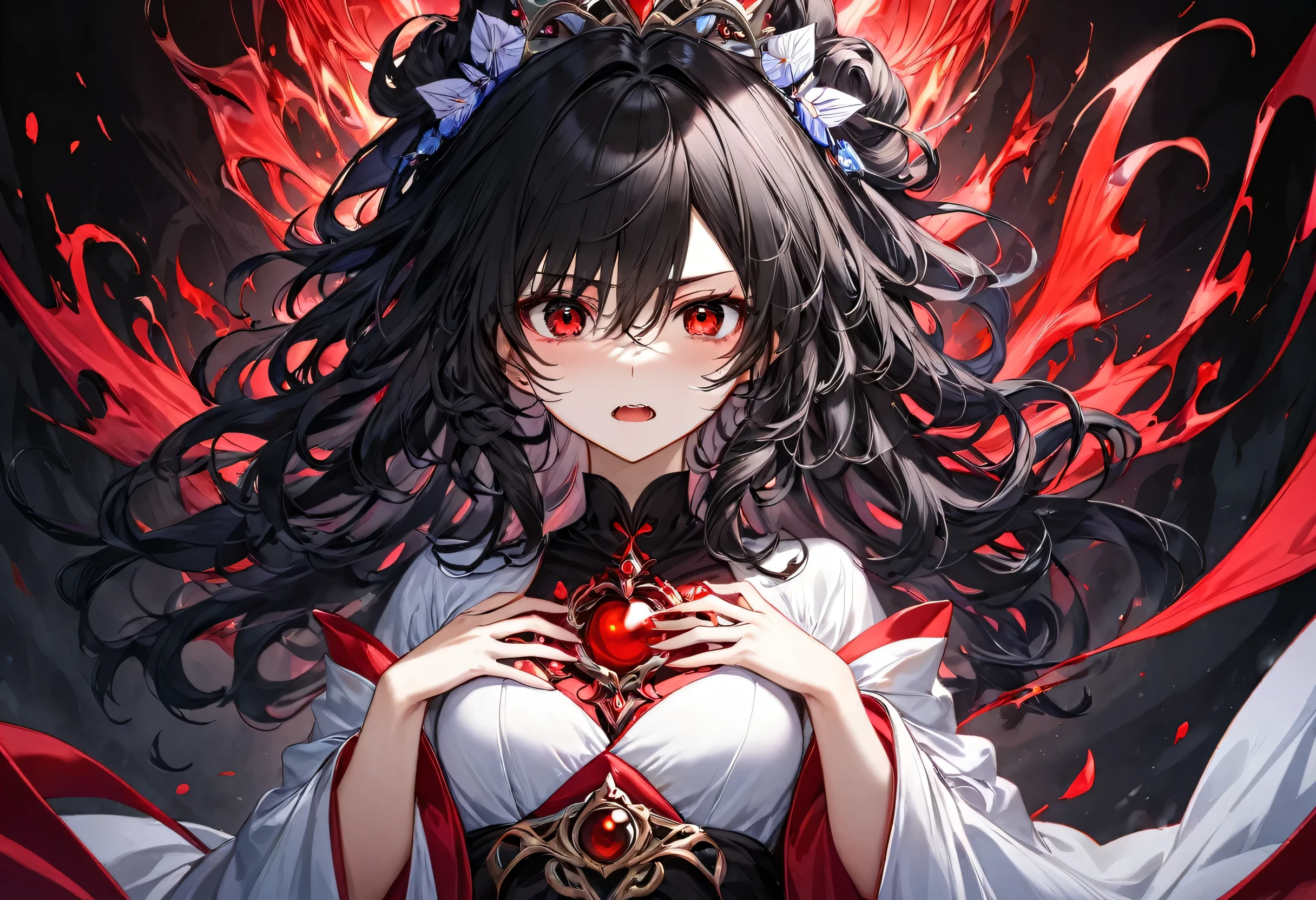 Shadows of hatred:1.4, (solo curly:1.3 black hair long hair evil princess girl, evil red eyes, agony face), (left hand put on own chest) (in a evil Goddess robe), BREAK, (float in the darkness), (master piece, best quality, 16k).