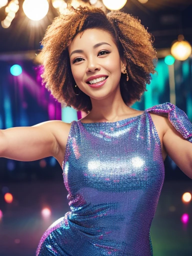 Beautiful Japan woman in her 40s、Dance hard at a glittering 1970s disco:1.4), {Flashy disco clothes of the 1970s:1.4}, intersecting light, Realistic, Realistic, Realistic body shape, Very detailed, highest quality, 8k, Movie stills, Uplifting, detailed face, High resolution, Ideal ratio, Perfect Anatomy, (blonde Afro hair:1.1), smile, (whole body:1.3), (At a packed disco:1.5)