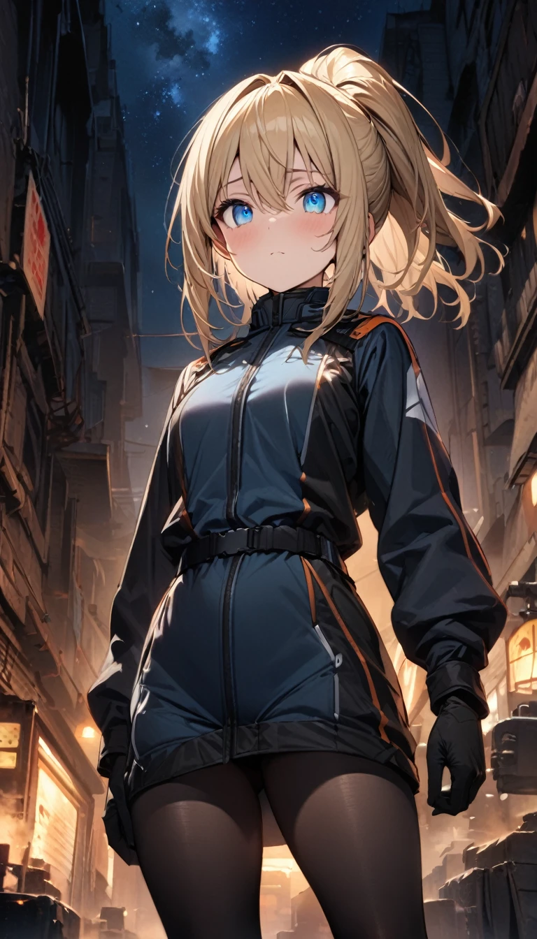 a handsome girl, 25 years old, blond hair, medium hair, ponytail hair, blue eyes, fighter costume, black tights, standing, no expression, night sky, masterpiece, best quality, ultra detailed, detailed eyes, cute eyes