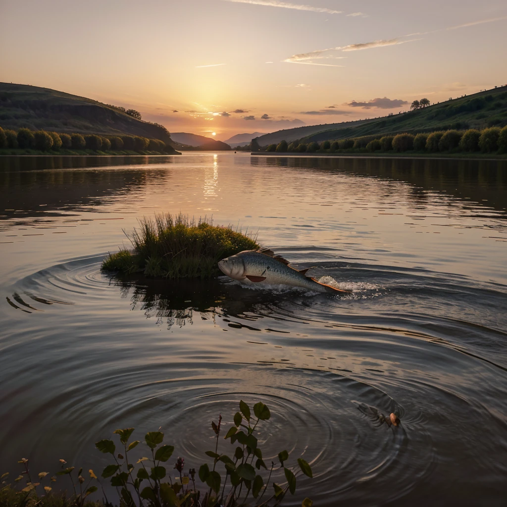Make an illustration, which shows a lake , from which a fish jumps out,against the backdrop of a burgundy sunset,
