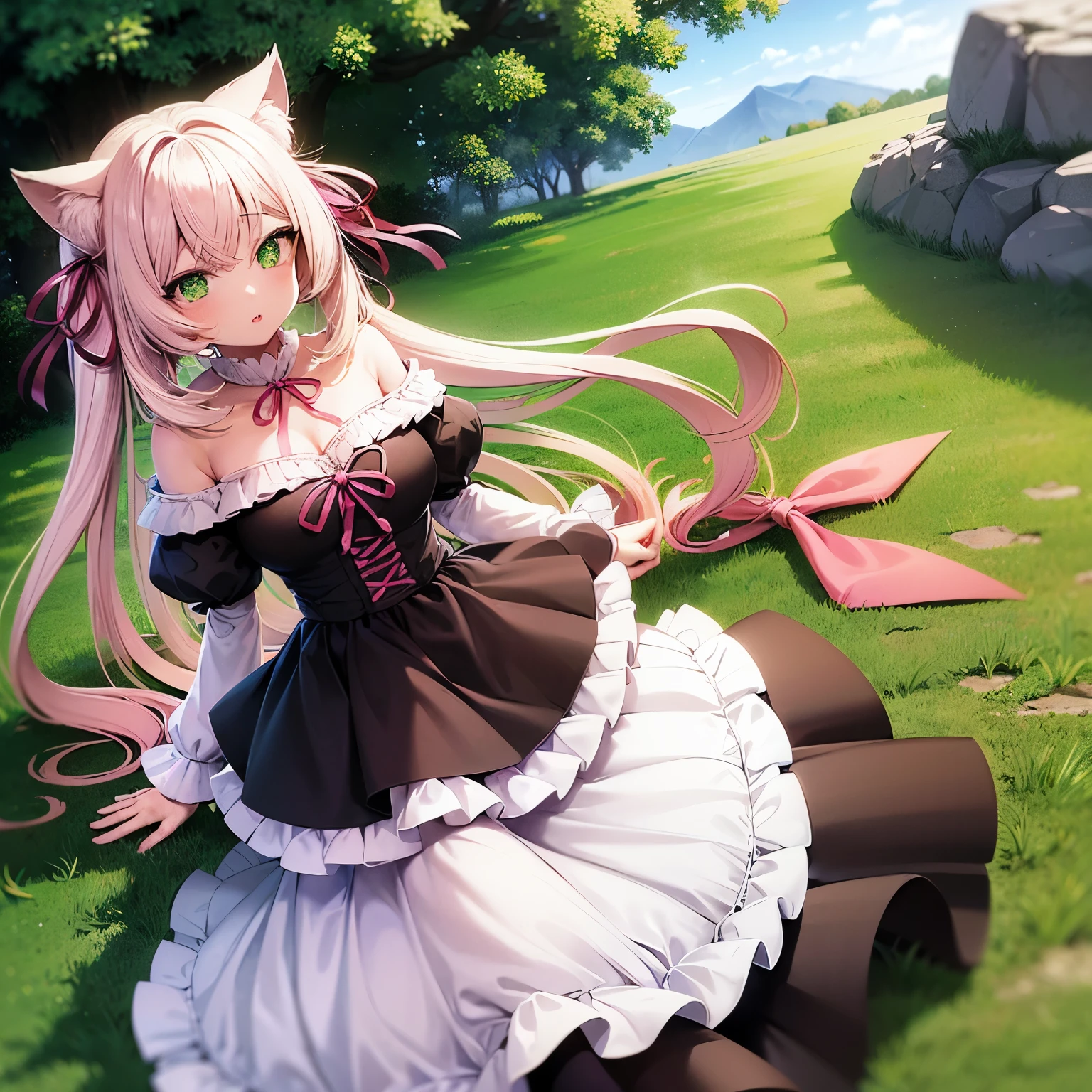 ((Anime cat girl)), ((White long hair)), ((Green eyes)), ((Ruffled off-shoulder shirt)), ((Long skirt)), (Black stockings)), ((Pink neck ribbon)). 