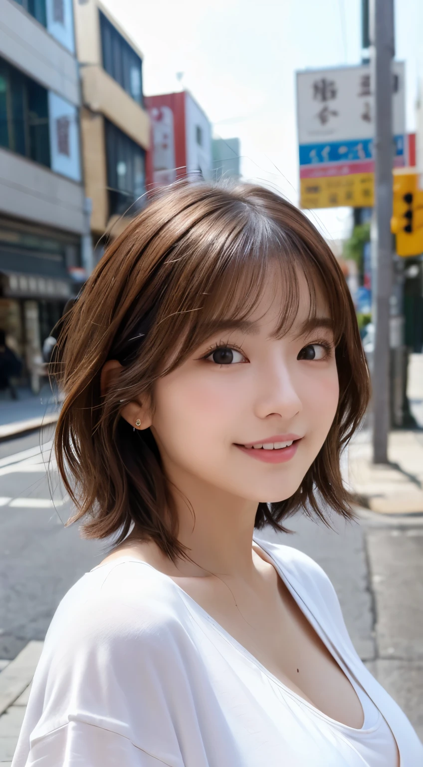 (highest quality,8K quality,masterpiece:1.3,),(超A high resolution:1.3,Photorealistic:1.4,Raw photo:1.2),(Ultra-detailed:1.2,Glowing Skin,Detailed skin:1.1),(Detailed face,Perfect Anatomy,Caustics:1.2), (Symmetrical eyes:1.3),1 girl,cute,Japanese,22 years old,Japanese Ido,Natural brown hair,Short hair curled outwards,cute目,Natural Makeup,Oversized T-shirt,Laughter,Looking at the camera,On the face,Face Focus,Street Corner,Professional Writing,Natural soft light,Clothes that reveal cleavage