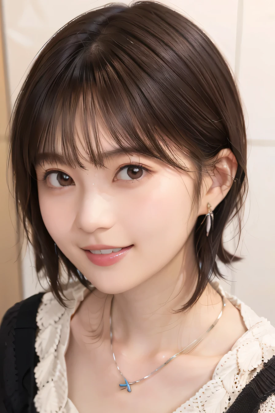 205 ((short hair)), 20-year-old female, Surrealism, Flower Smile、Beautiful teeth alignment、Brown Hair、ear piercing、Necklace around the neck、