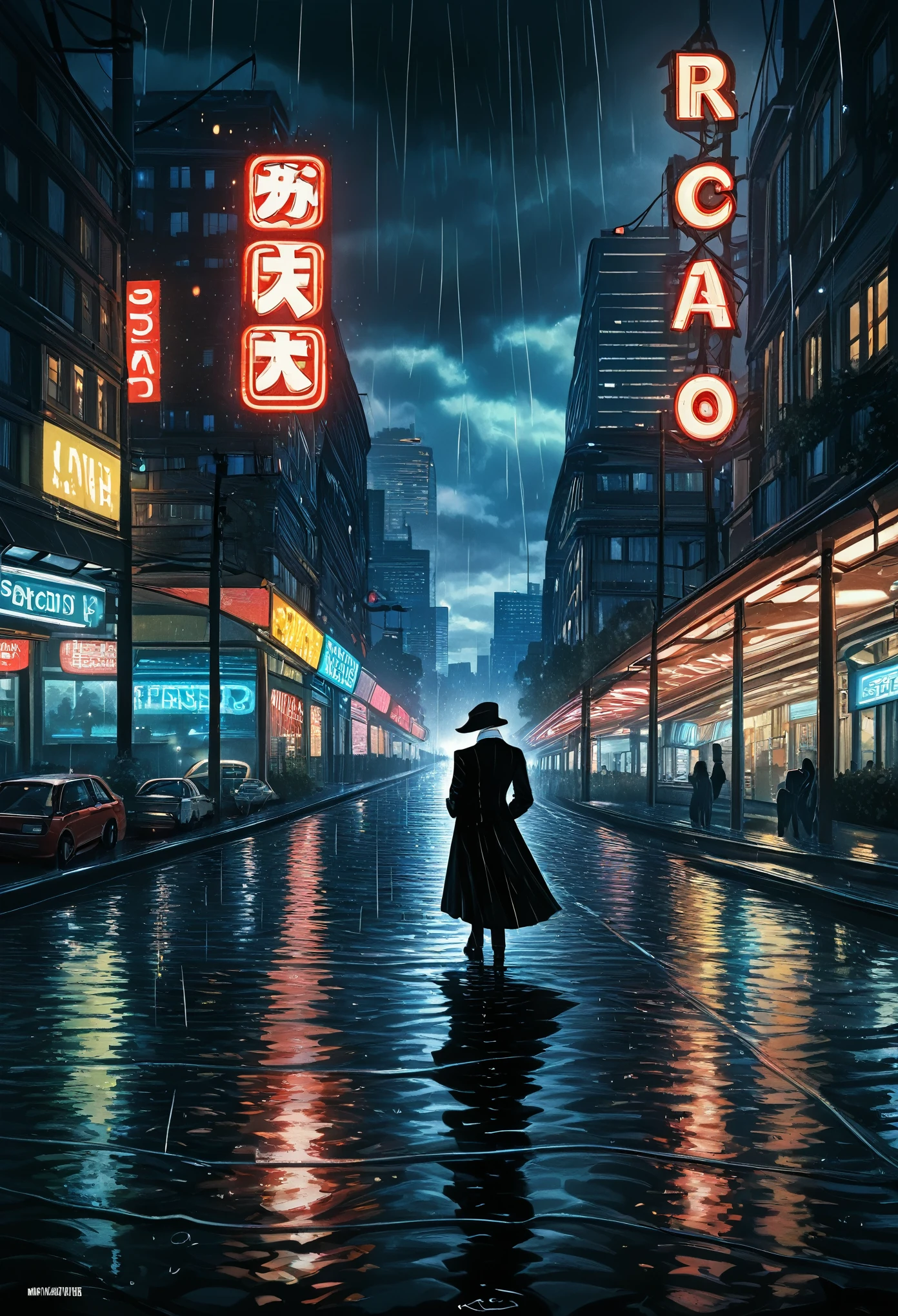 cover page, highres, top quality, best quality, paid reward available, unparalleled masterpiece, perfect artwork, absurdres, High-quality illustrations, super high resolution, detailed background, Lizard wearing a tuxedo wet in the rain, in the city, a night view with neon signs shining, silhouette reflected in a puddle, cinematic lighting,