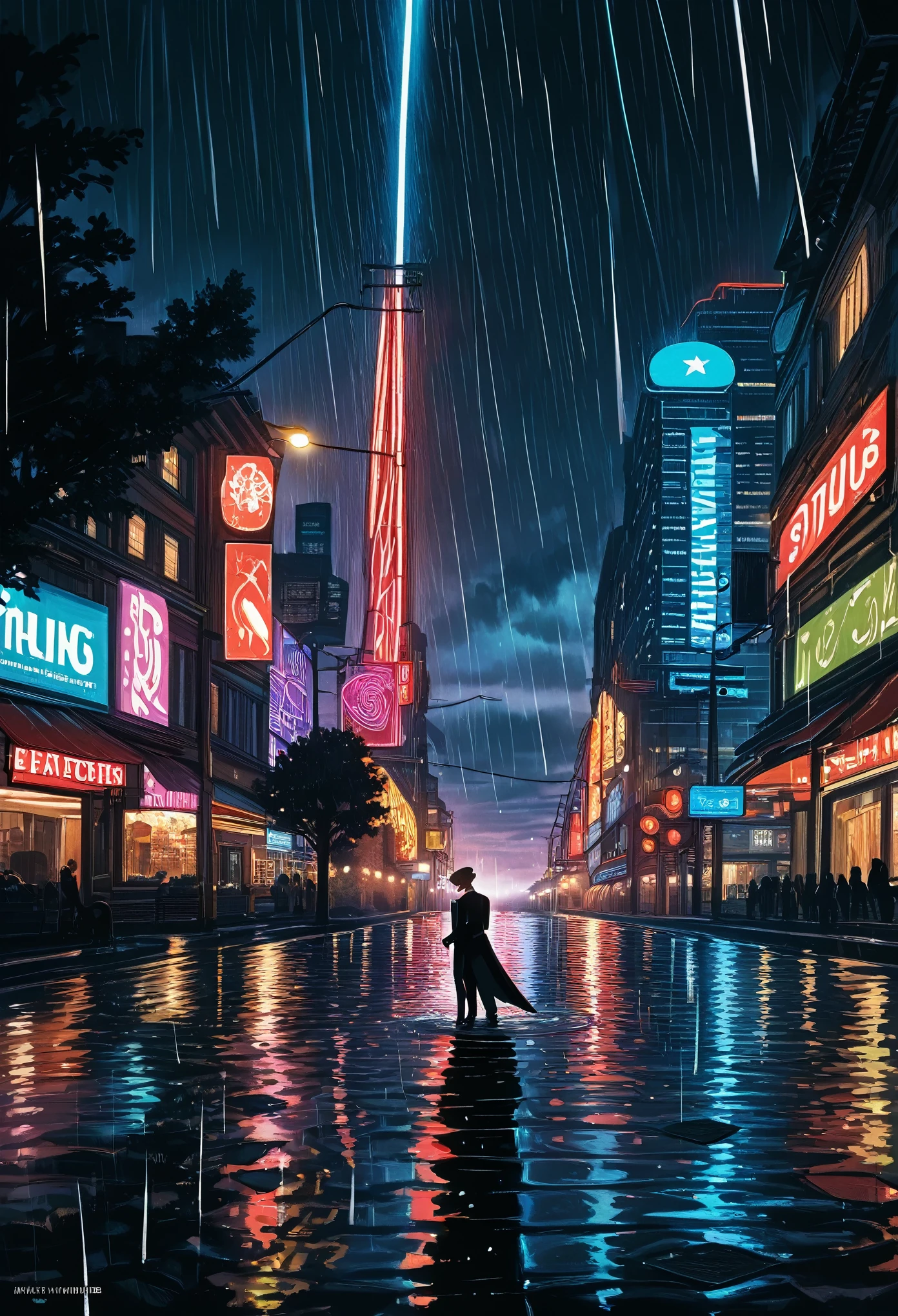 cover page, highres, top quality, best quality, paid reward available, unparalleled masterpiece, perfect artwork, absurdres, High-quality illustrations, super high resolution, detailed background, Lizard wearing a tuxedo wet in the rain, in the city, a night view with neon signs shining, silhouette reflected in a puddle, cinematic lighting,