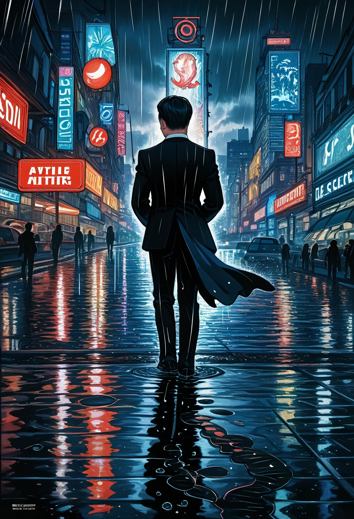 cover page, highres, top quality, best quality, paid reward available, unparalleled masterpiece, perfect artwork, absurdres, High-quality illustrations, super high resolution, detailed background, Lizard wearing a tuxedo wet in the rain, in the city, a night view with neon signs shining, silhouette reflected in a puddle, cinematic lighting,