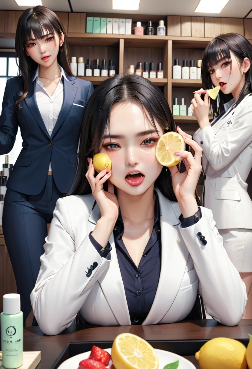 (Ultra-detailed:1.5), highest quality, Perfect Face, Complex, Beautiful views, Ultra-realistic 8K CG,Perfect artwork, (Ultra-high resolution:1.0), 8k, RAW Photos, (masterpiece:1.2), (PurerosFace_v1:0.5), ３People Girls, Girl sticking sliced lemon onto her face, Cosmetics beauty department girls, Business suit, White coat, ((Eat a slice of lemon, bite into it, or stick it on your cheek)), Sour face, Frowning, Open your mouth and scream, A 10-tatami cosmetics laboratory, Colorful research equipment,