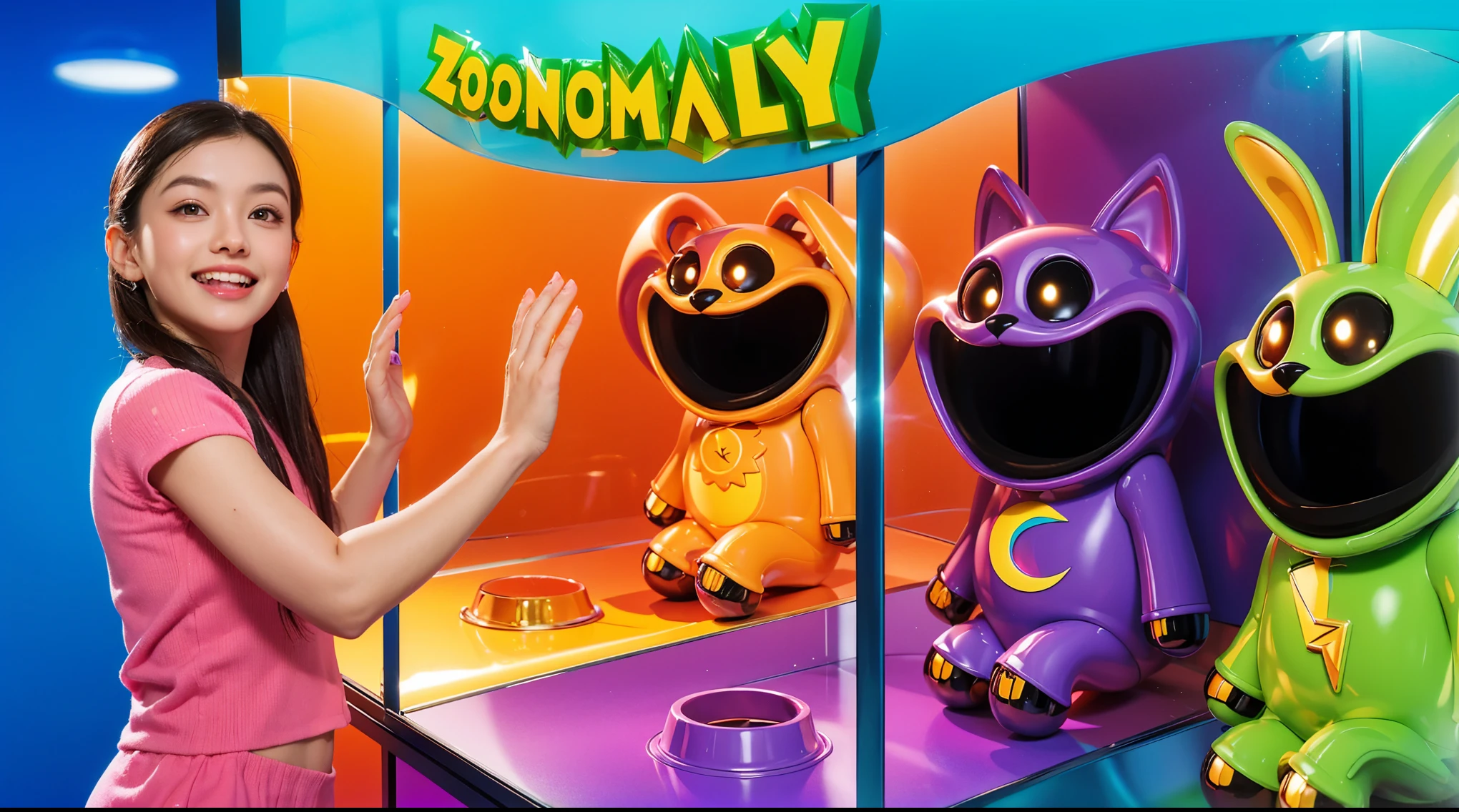 Create an image of a young girl with perfect, flawless skin, wearing a pink outfit and smiling joyfully. She is interacting with three cartoonish robot-like characters inside a colorful, futuristic display case labeled 'ZOONOMALY'. The characters include an orange bear with glowing eyes, a purple cat with a crescent moon symbol, and a green rabbit with a lightning bolt symbol. The display case has vibrant colors with reflective, glossy surfaces. The background should be a gradient of blue and orange, enhancing the overall bright and playful atmosphere. hands rest on the glass. cartoon key frame rendering, cute 3D rendering, Shiny metallic,Create ultra sharp цветной рендеринг zbrush. perfect cgi, cgi art created only with gradients, smooth silhouette, Create ultra sharp skin, high intensity refraction, (plastic material), most beautiful vfx, blue background, plastic refractions, glossy texture, smooth 3d model, multiple light sources, rim light, sharp post effects render, (glossy plastic texture with multiple big light probe refractions), perfect cgi, cgi art created only with gradients, smooth silhouette, high intensity refraction, (plastic material), most beautiful vfx, blue background, plastic refractions Create ultra sharp