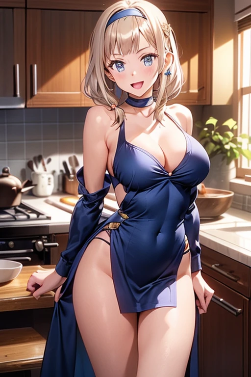 (dynamic angle:1.3, front view:0.9, breast focus:1.3, from below:1.2), (dynamic posing:1.5, sexy posing:1.3, leaning forward), (seductive smiling:1.3),masterpiece, 1girl, pointed chest:1.3,(double breasted:1.2,under bust:1.2), Amazing Cleavage:1.3, thin waist, big ass, Raised sexy, big breast: 1.2 posed cleavage:1.2、solo, looking at viewer, open mouth, silver bronde hair, blue eyes, bare shoulders, collarbone, sidelocks, hairband, sapphire earrings, indoors, red off shoulder sweater dress, arms behind back, short hair with long locks, blue gold hairband, big side hair, very long side hair is rendered in (masterpiece: 1.2, best quality), with (ultra high resolution) and an exquisite (depth of field). This masterpiece is not only visually stunning but also tells,A scene of cooking in the kitchen