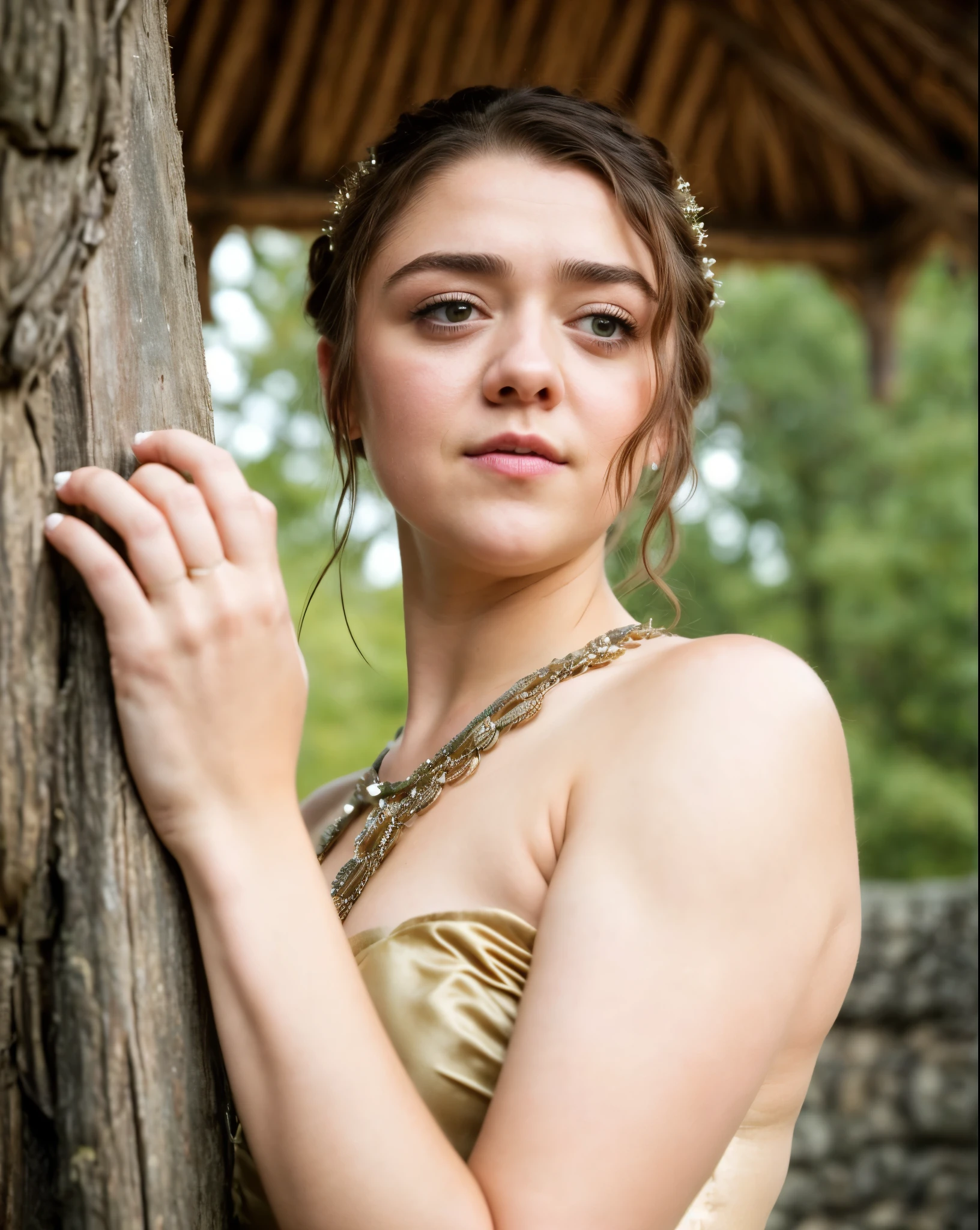 Foto RAW, Arya Stark, Stunning Beauty, Ravishing, Enchantress, Extremely gorgeous lady, Arya Stark PLAYED BY MAISIE WILLIAMS, Queen Arya Stark, she  a mature woman now, milf, sexy mediaeval battle dress, gladiator woman, body, 40 years old Woman, Roman slave dress, cotton dress, busty mediaeval costumes, body revealing costumes, perky breast, big natural breast, erotic costumes, lusty physique, seductive figure can capture every people's attention, Game of thrones costumes, revealing captivating figure, Mediaeval costumes, revealing clothes, A tomboy, she would rather fence than dance, warrior queen , game of thrones screen caps, Game of Thrones Series, (pele altamente detalhada: 1.2), 8k UHD, DSLR, soft-lighting, alta qualidade, grain of film, Fujifilm XT3, flawless picture, highly detailed, detailed Beauty, intricate, 32k, sharp picture,