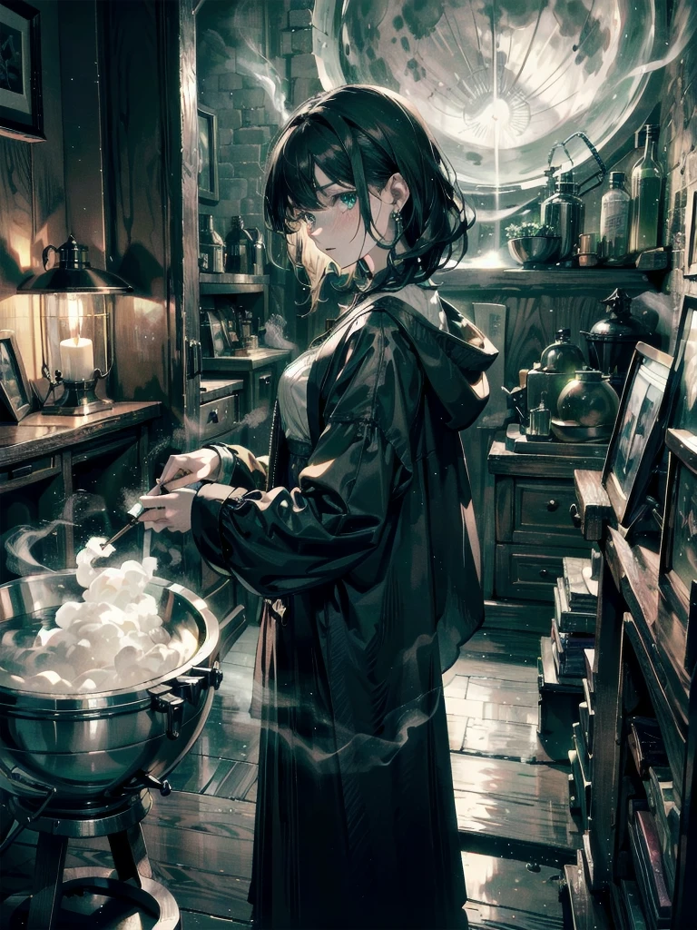 whole body, a beautiful witch in her alchemist room, working on her project with a steaming cauldron filled with green glowing smoke, against the backdrop of a fantasy night with a full moon and a view from the window, dressed in a traditional witch outfit, absurdres, RAW photo, extremely delicate and beautiful, masterpiece, Best Quality, ultra high resolution, 32k, hyperrealistic, ultra-detailed, detailed description, pale skin, 20 years old, detailed beautiful face and eyes, tearful mole, earring, Colossal tits, short medium hair, wavy hair,　