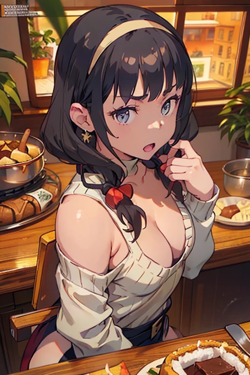 (small breasts:1.3), (perky chest:1.1), (pointed chest:1.0), (Pudding cake magazine cover:1.3),(from above:1.0),(from side:0.9),masterpiece, 1girl, Amazing Cleavage:1.1, thin waist, big ass, Raised sexy, small breast: 1.3, posed cleavage:1.2、solo, looking at viewer, open mouth, have a cute grass of cute beergrass,black hair, dark green eyes, dress, bare shoulders, jewelry, collarbone, sidelocks, hairband, earrings, indoors, off shoulder, :o, sweater, arms behind back, plant, short hair with long locks, gild hairband, off-shoulder dress, sweater dress, off-shoulder sweater, red sweater, dark gord hair, big side hair, very long side hair,is rendered in (masterpiece: 1.2, best quality), with (ultra high resolution) and an exquisite (depth of field). This masterpiece is not only visually stunning but also tells,A scene of cooking in the kitchen by classroom