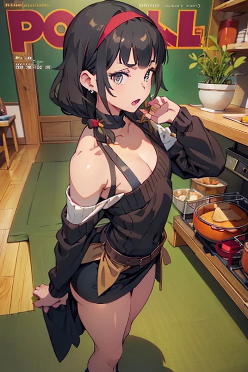 (small breasts:1.3), (perky chest:1.1), (pointed chest:1.0), (Pudding cake magazine cover:1.3),(from above:1.0),(from side:0.9),masterpiece, 1girl, Amazing Cleavage:1.1, thin waist, big ass, Raised sexy, small breast: 1.3, posed cleavage:1.2、solo, looking at viewer, open mouth, have a cute grass of cute beergrass,black hair, dark green eyes, dress, bare shoulders, jewelry, collarbone, sidelocks, hairband, earrings, indoors, off shoulder, :o, sweater, arms behind back, plant, short hair with long locks, gild hairband, off-shoulder dress, sweater dress, off-shoulder sweater, red sweater, dark gord hair, big side hair, very long side hair,is rendered in (masterpiece: 1.2, best quality), with (ultra high resolution) and an exquisite (depth of field). This masterpiece is not only visually stunning but also tells,A scene of cooking in the kitchen by classroom