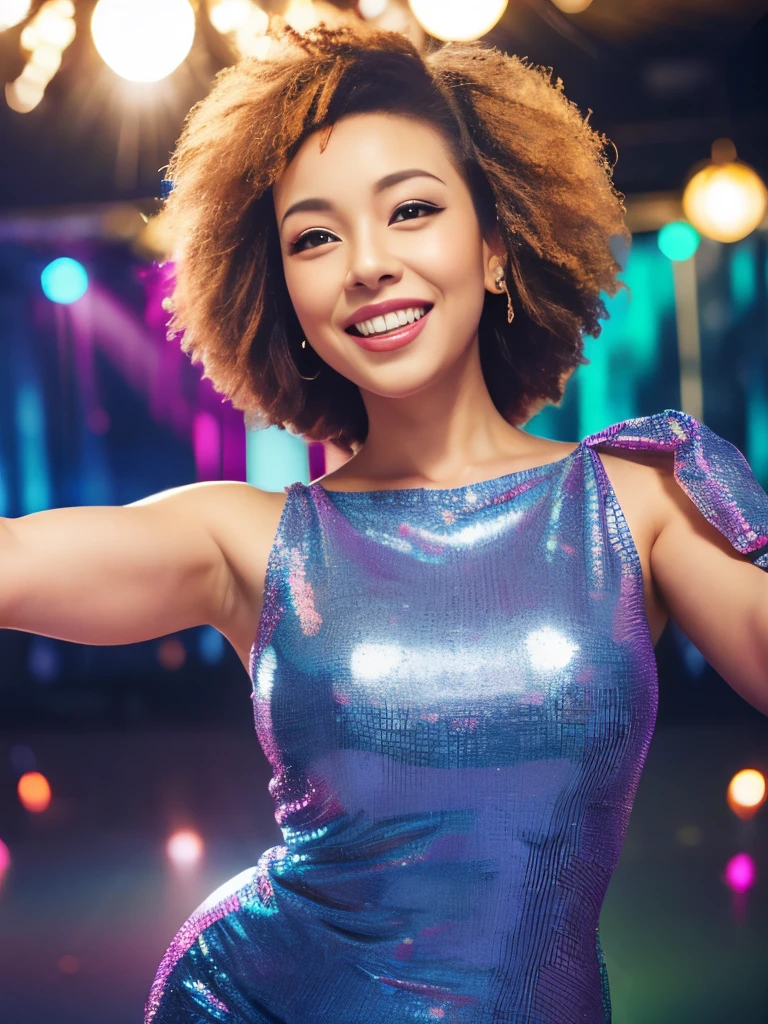 Beautiful Japan woman in her 40s、Dance hard at a glittering 1970s disco:1.4), {Flashy disco clothes of the 1970s:1.4}, intersecting light, Realistic, Realistic, Realistic body shape, Very detailed, highest quality, 8k, Movie stills, Uplifting, detailed face, High resolution, Ideal ratio, Perfect Anatomy, (blonde Afro hair:1.1), smile, (whole body:1.3), (At a packed disco:1.5)