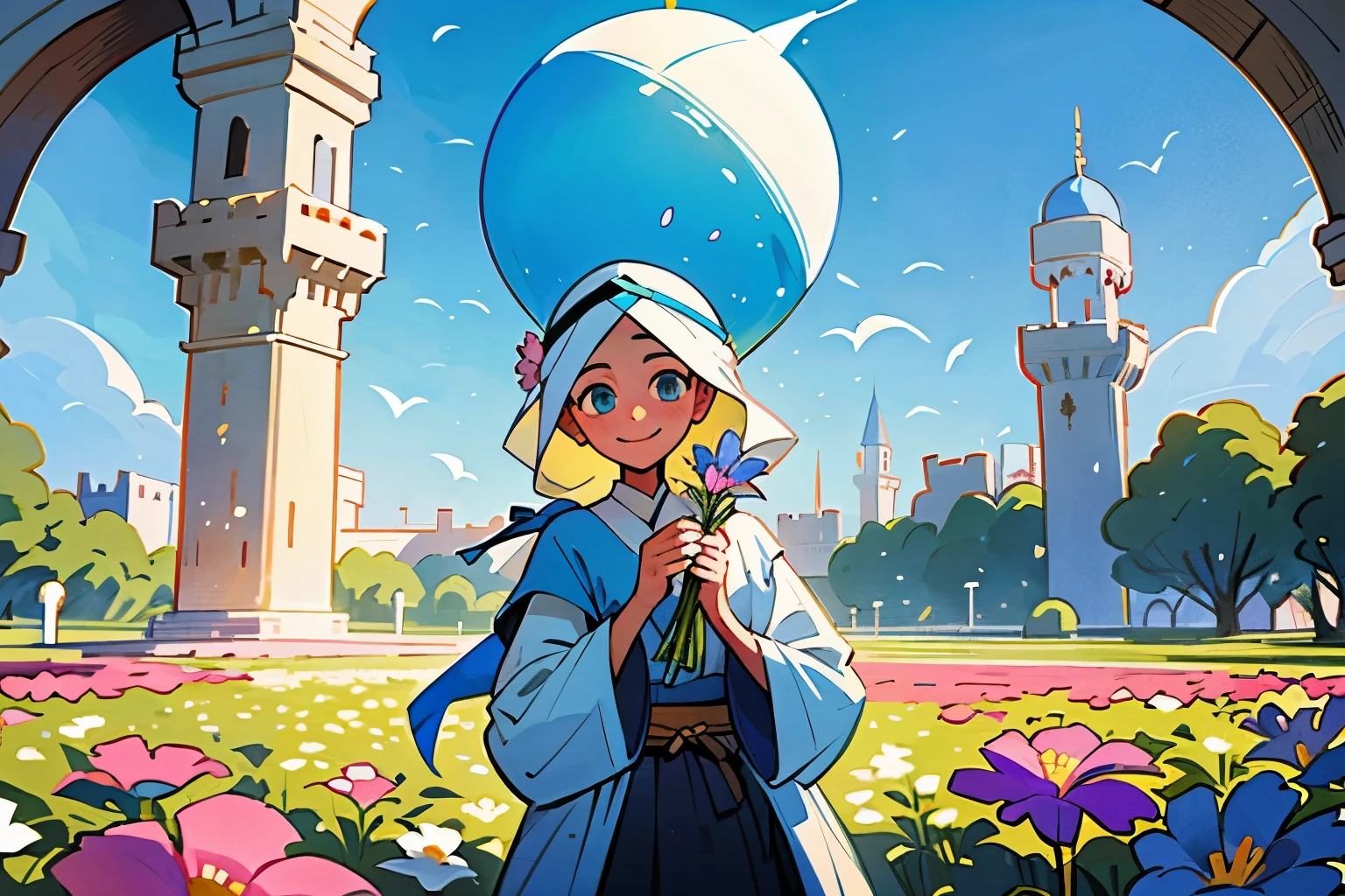 Arabian women、There are many flowers on the head、holding many flowers in hands、smile、Many flowers in the background、Mosque、Castle