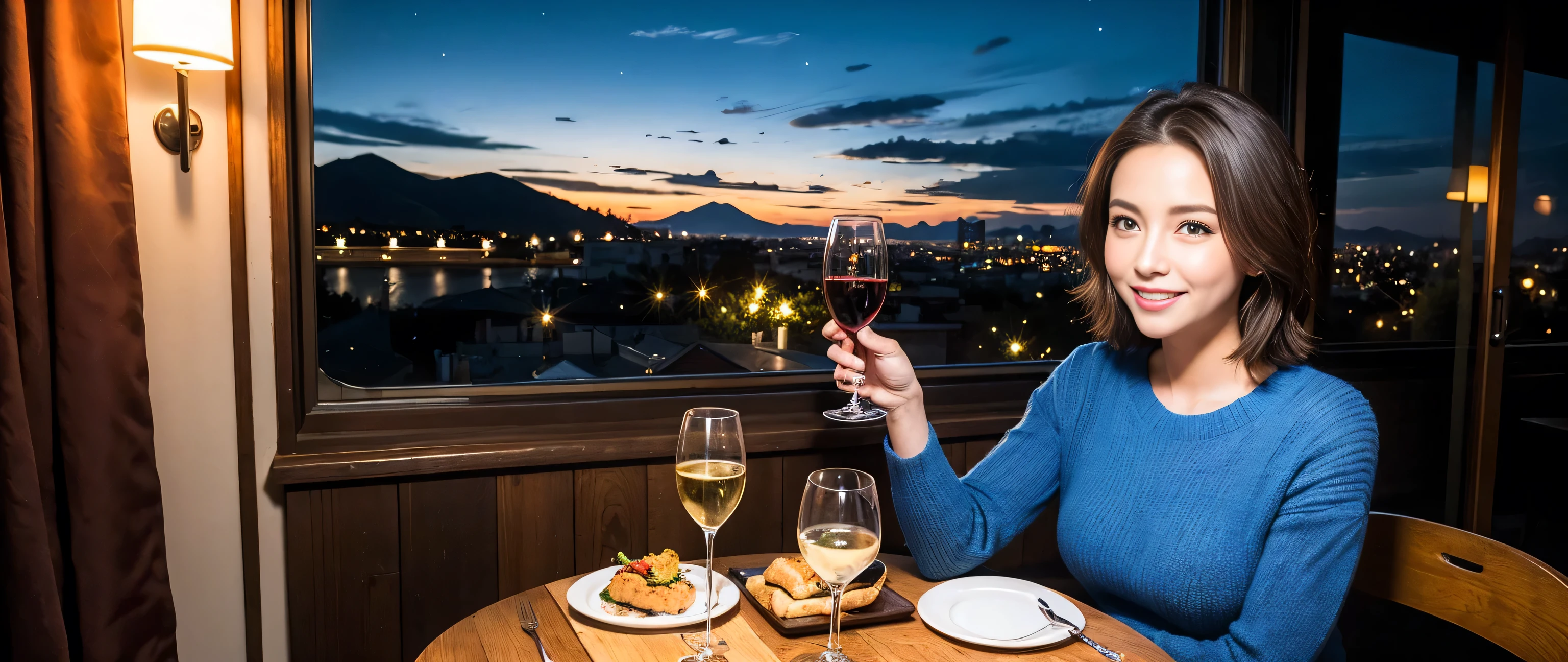 (highest quality、8k、masterpiece:1.3)、Beautiful woman with perfect figure:1.4、Dark brown hair、Wine Party、2 people、Knit dress、Wine glass on the table、Lighting the face、 Amazing view of the sunset sky and clouds、Amazing mountain views、A bright and smiling face、Smiling lovely woman、Bright image、The beauty of wine, Beautiful Face, blue eyes, Blushing, short hair,Bright Face、Fox face、 (Age 37), 39 years old, Lady、red wine 、Appetizers、Italian food、Wine bottle、Champagne、sparkling wine、Two beauties、Brown Hair、Shortcuts、Long sleeve shirt、dress、Pretty Woman 1, (Slim face), (The body is slim), (Brown Hair), (Shortcuts), cheeks turn a little red,Attractive beauty、, Out of the window, A beautiful and detailed night view unfolds.........., restaurant, In a prominent place (From the waist up) Nova Frog Style, actress, model, Upper Body, White wine, slim, wine glass, 