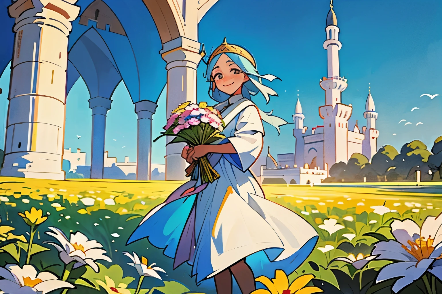 Arabian women、There are many flowers on the head、holding many flowers in hands、smile、Many flowers in the background、Mosque、Castle