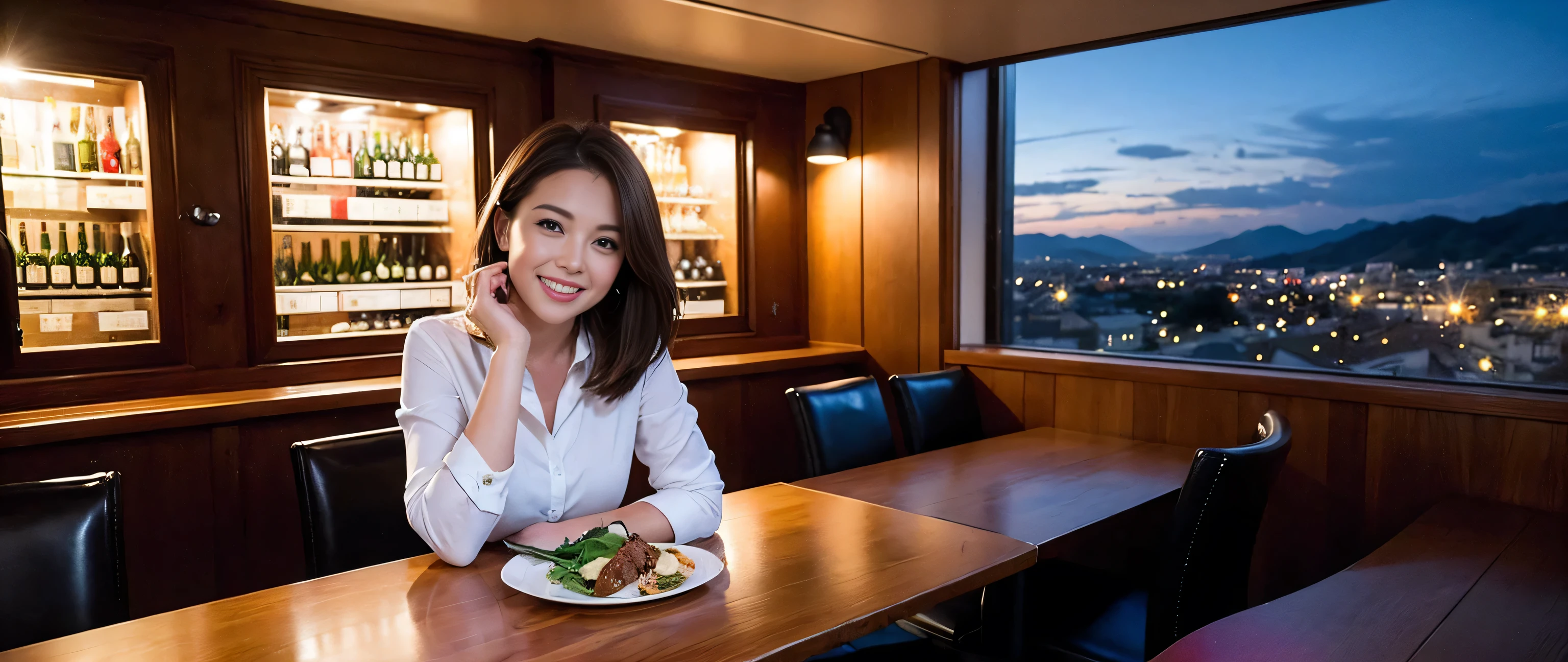 (highest quality、8k、masterpiece:1.3)、Beautiful woman with perfect figure:1.4、Dark brown hair、Wine Party、2 people、Knit dress、Wine glass on the table、Lighting the face、 Amazing view of the sunset sky and clouds、Amazing mountain views、A bright and smiling face、Smiling lovely woman、Bright image、The beauty of wine, Beautiful Face, blue eyes, Blushing, short hair,Bright Face、Fox face、 (Age 37), 39 years old, Lady、red wine 、Appetizers、Italian food、Wine bottle、Champagne、sparkling wine、Two beauties、Brown Hair、Shortcuts、Long sleeve shirt、dress、Pretty Woman 1, (Slim face), (The body is slim), (Brown Hair), (Shortcuts), cheeks turn a little red,Attractive beauty、, Out of the window, A beautiful and detailed night view unfolds.........., restaurant, In a prominent place (From the waist up) Nova Frog Style, actress, model, Upper Body, White wine, slim, wine glass, 